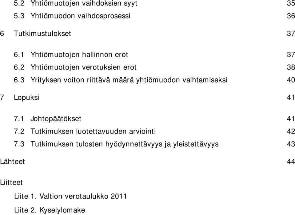 3 Yrityksen voiton riittävä määrä yhtiömuodon vaihtamiseksi 40 7 Lopuksi 41 7.1 Johtopäätökset 41 7.