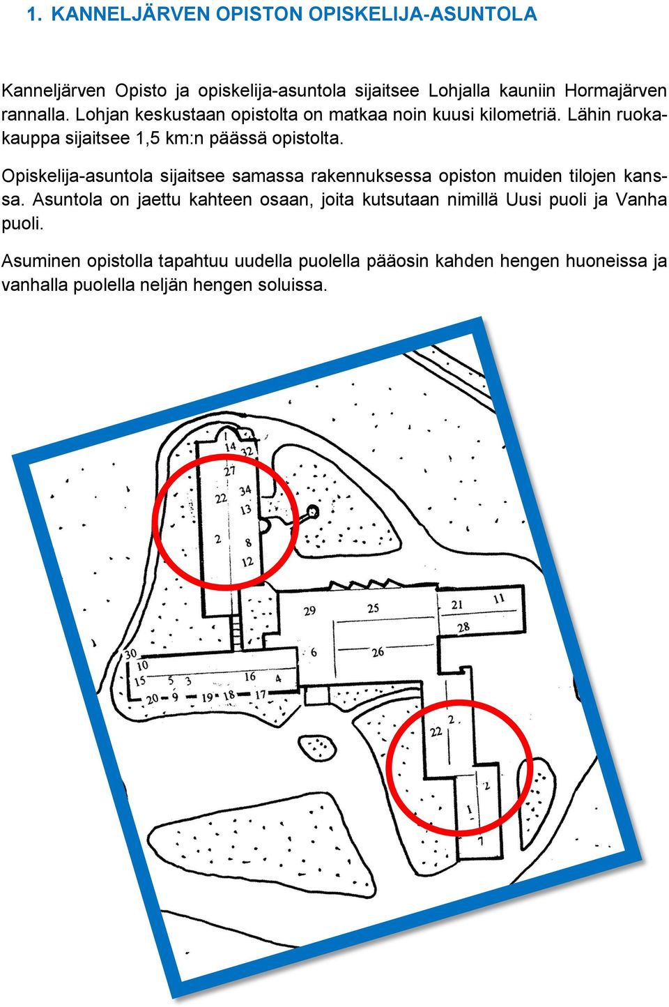 Opiskelija-asuntola sijaitsee samassa rakennuksessa opiston muiden tilojen kanssa.