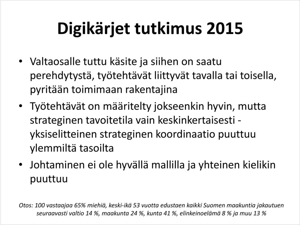 strateginen koordinaatio puuttuu ylemmiltä tasoilta Johtaminen ei ole hyvällä mallilla ja yhteinen kielikin puuttuu Otos: 100 vastaajaa 65%