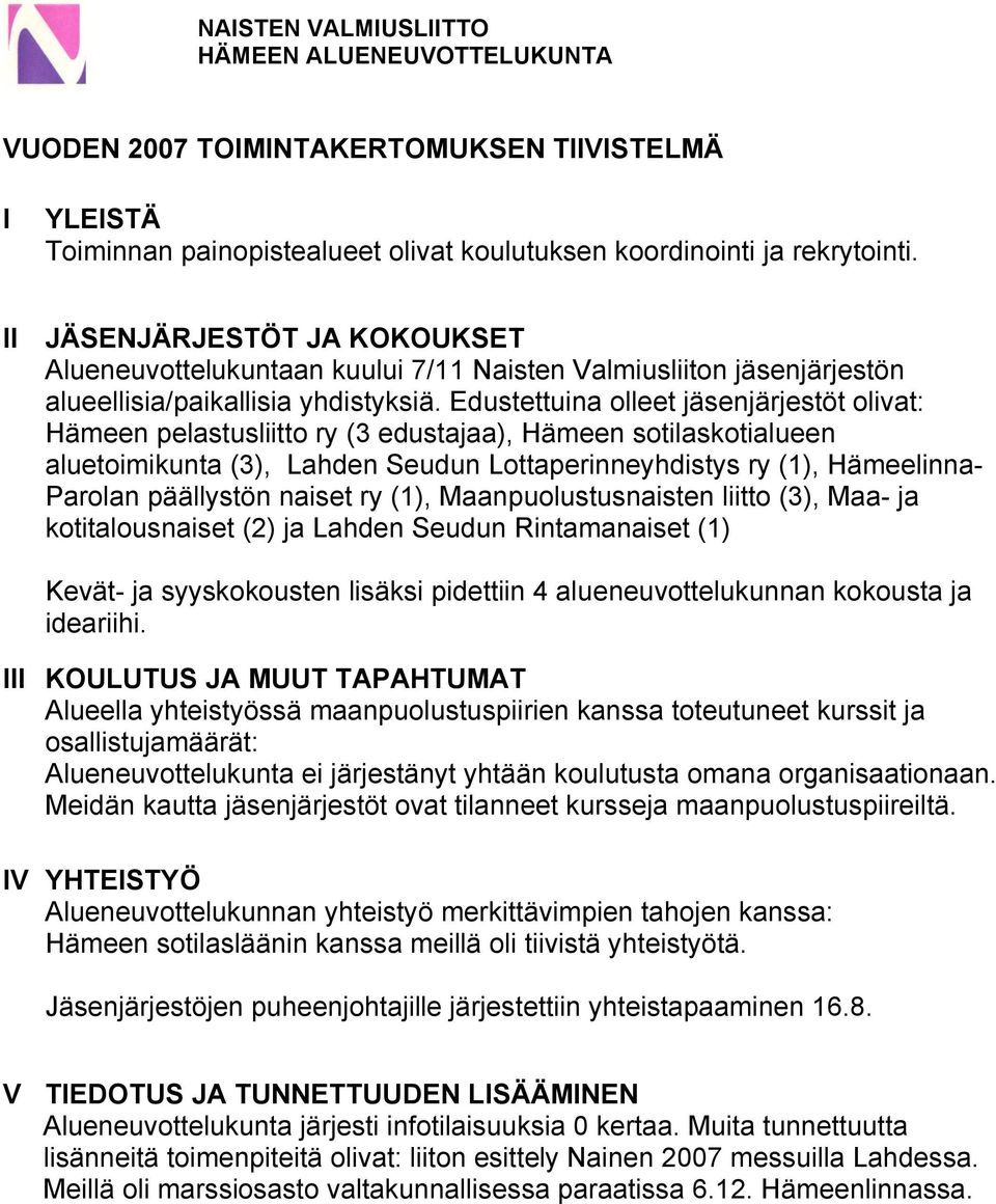 Edustettuina olleet jäsenjärjestöt olivat: Hämeen pelastusliitto ry (3 edustajaa), Hämeen sotilaskotialueen aluetoimikunta (3), Lahden Seudun Lottaperinneyhdistys ry (1), Hämeelinna- Parolan