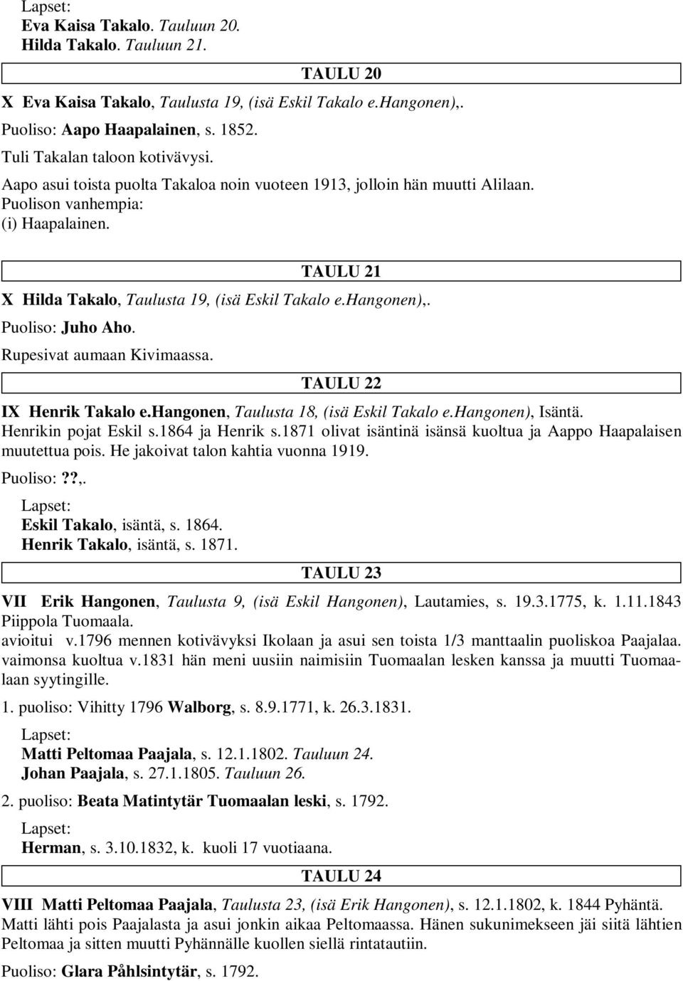 Puoliso: Juho Aho. Rupesivat aumaan Kivimaassa. TAULU 22 IX Henrik Takalo e.hangonen, Taulusta 18, (isä Eskil Takalo e.hangonen), Isäntä. Henrikin pojat Eskil s.1864 ja Henrik s.