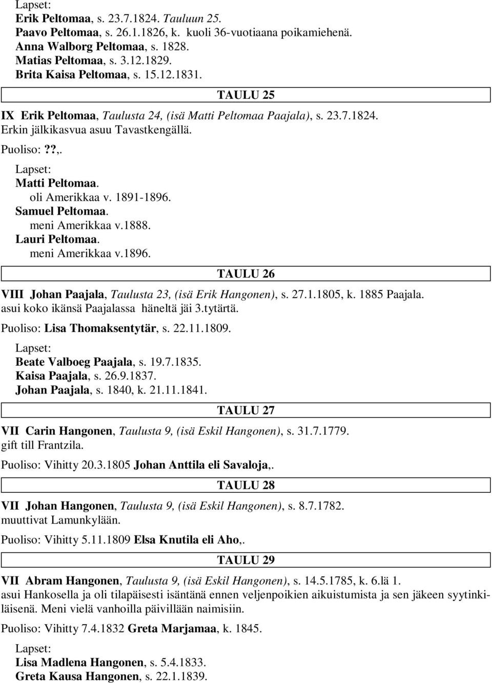 Samuel Peltomaa. meni Amerikkaa v.1888. Lauri Peltomaa. meni Amerikkaa v.1896. TAULU 26 VIII Johan Paajala, Taulusta 23, (isä Erik Hangonen), s. 27.1.1805, k. 1885 Paajala.