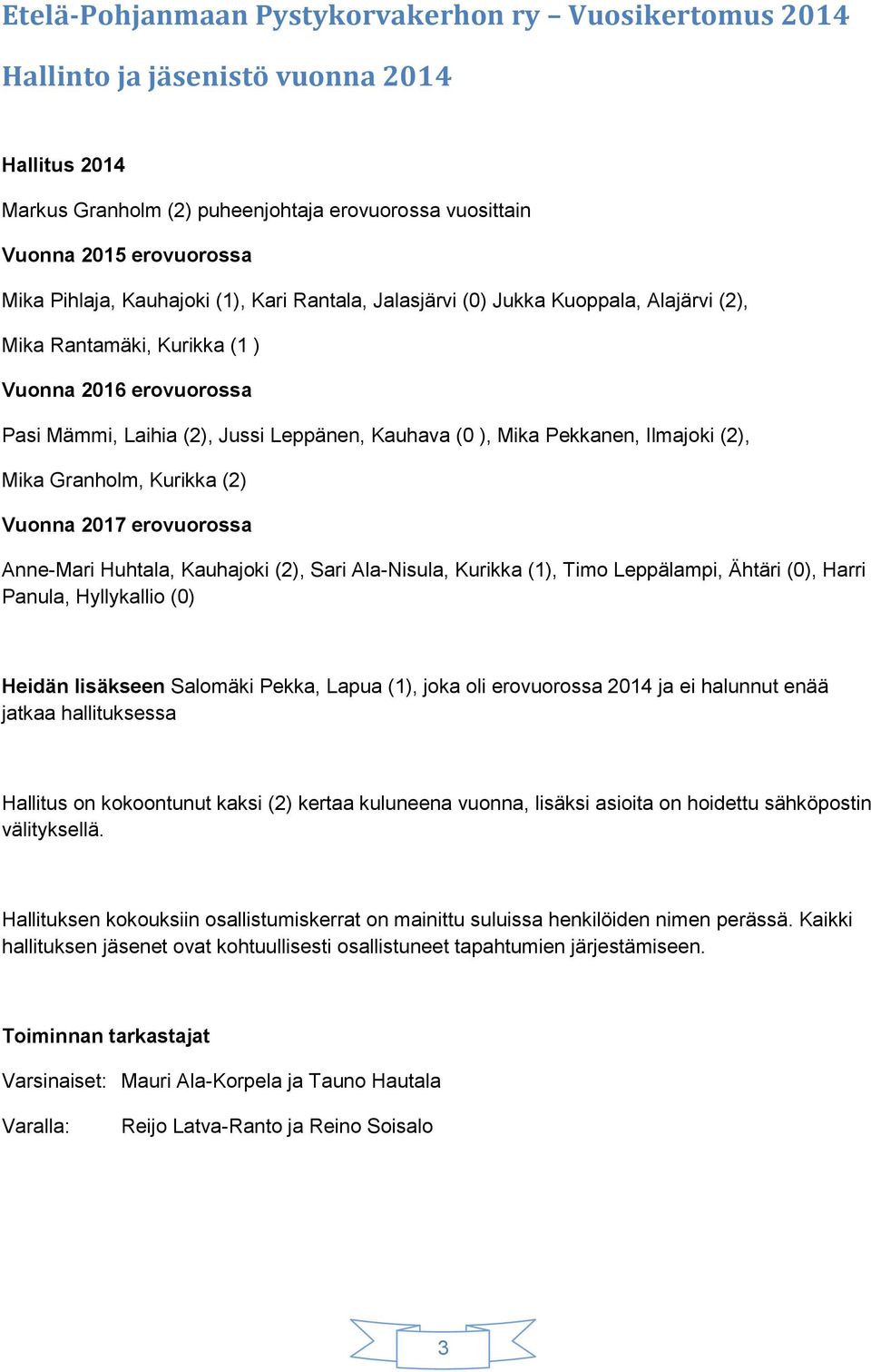Ilmajoki (2), Mika Granholm, Kurikka (2) Vuonna 2017 erovuorossa Anne-Mari Huhtala, Kauhajoki (2), Sari Ala-Nisula, Kurikka (1), Timo Leppälampi, Ähtäri (0), Harri Panula, Hyllykallio (0) Heidän