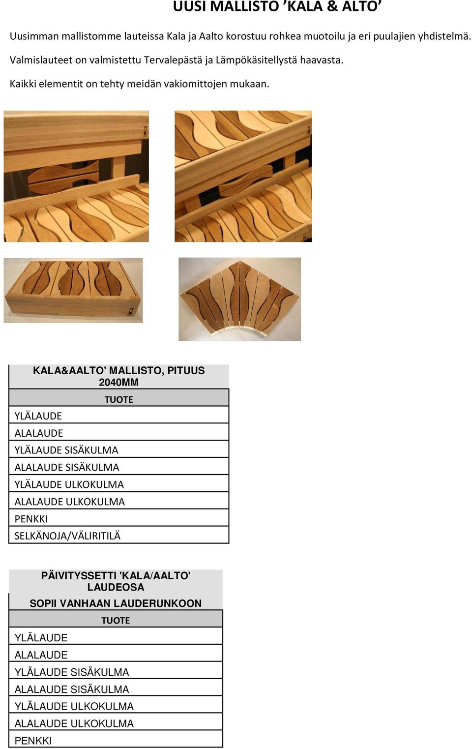 KALA&AALTO' MALLISTO, PITUUS 2040MM YLÄLAUDE ALALAUDE YLÄLAUDE SISÄKULMA TUOTE ALALAUDE SISÄKULMA YLÄLAUDE ULKOKULMA ALALAUDE ULKOKULMA PENKKI