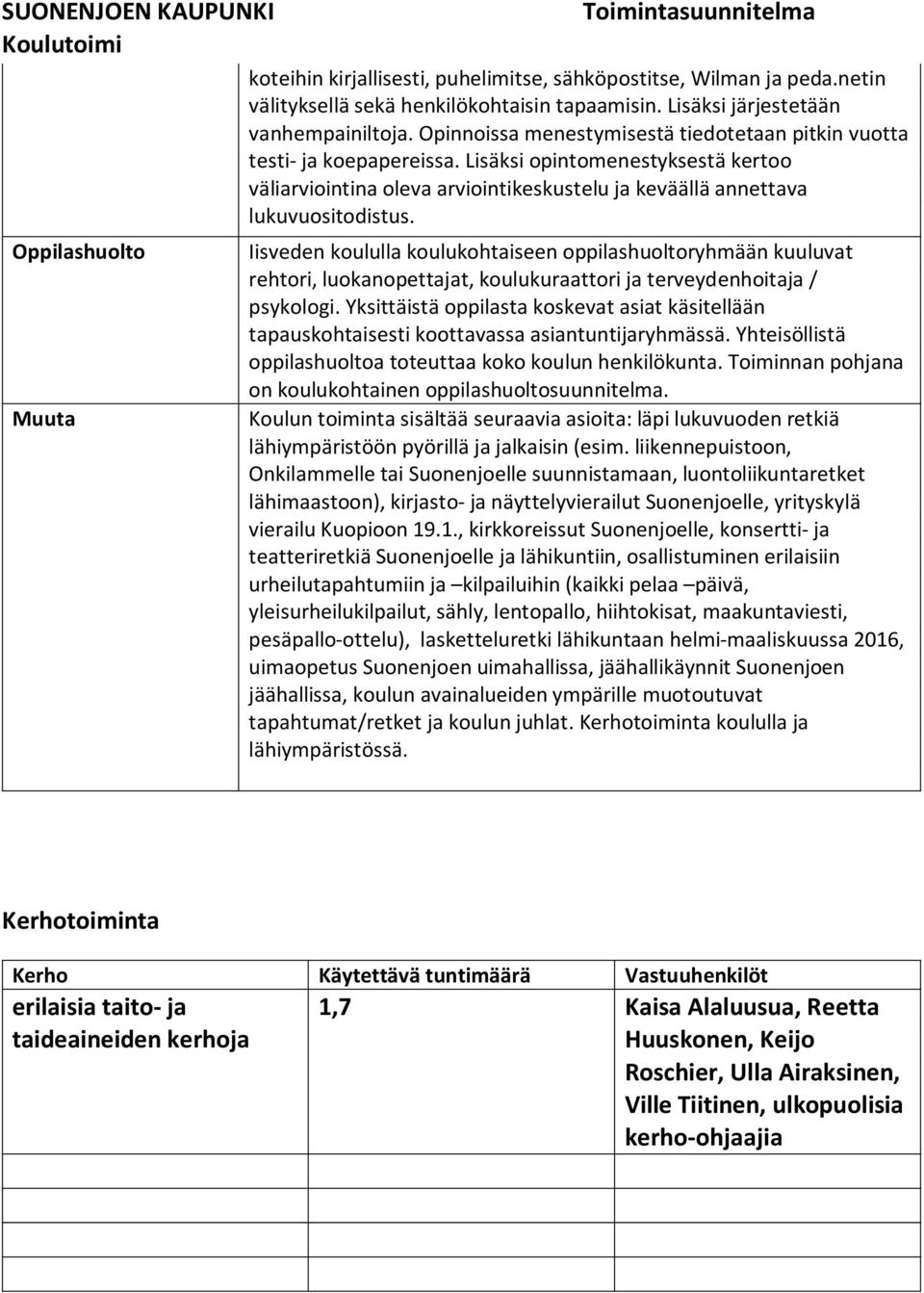 Oppilashuolto Muuta Iisveden koululla koulukohtaiseen oppilashuoltoryhmään kuuluvat rehtori, luokanopettajat, koulukuraattori ja terveydenhoitaja / psykologi.