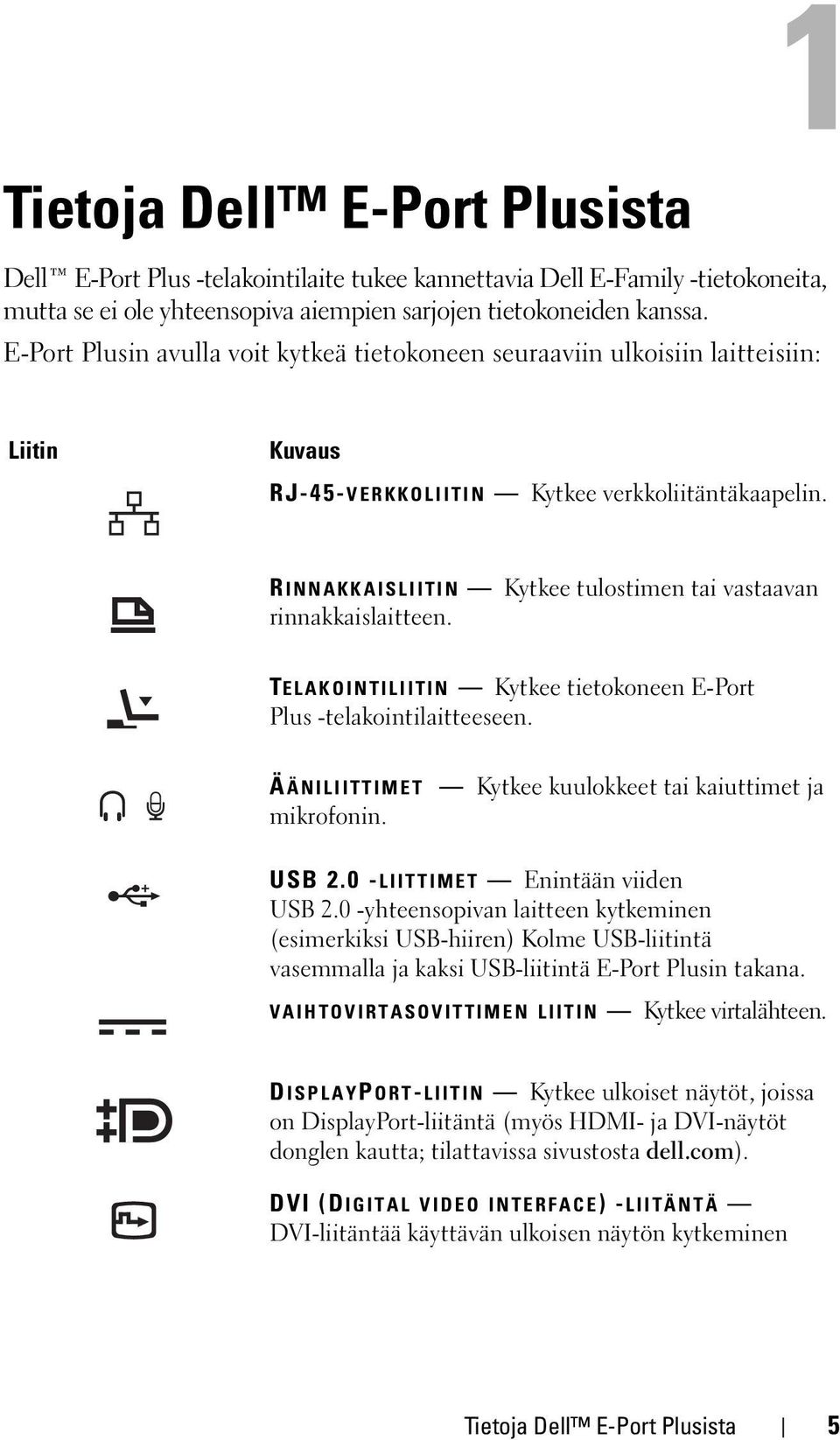 R INNAKKAISLIITIN Kytkee tulostimen tai vastaavan rinnakkaislaitteen. TELAKOINTILIITIN Kytkee tietokoneen E-Port Plus -telakointilaitteeseen.