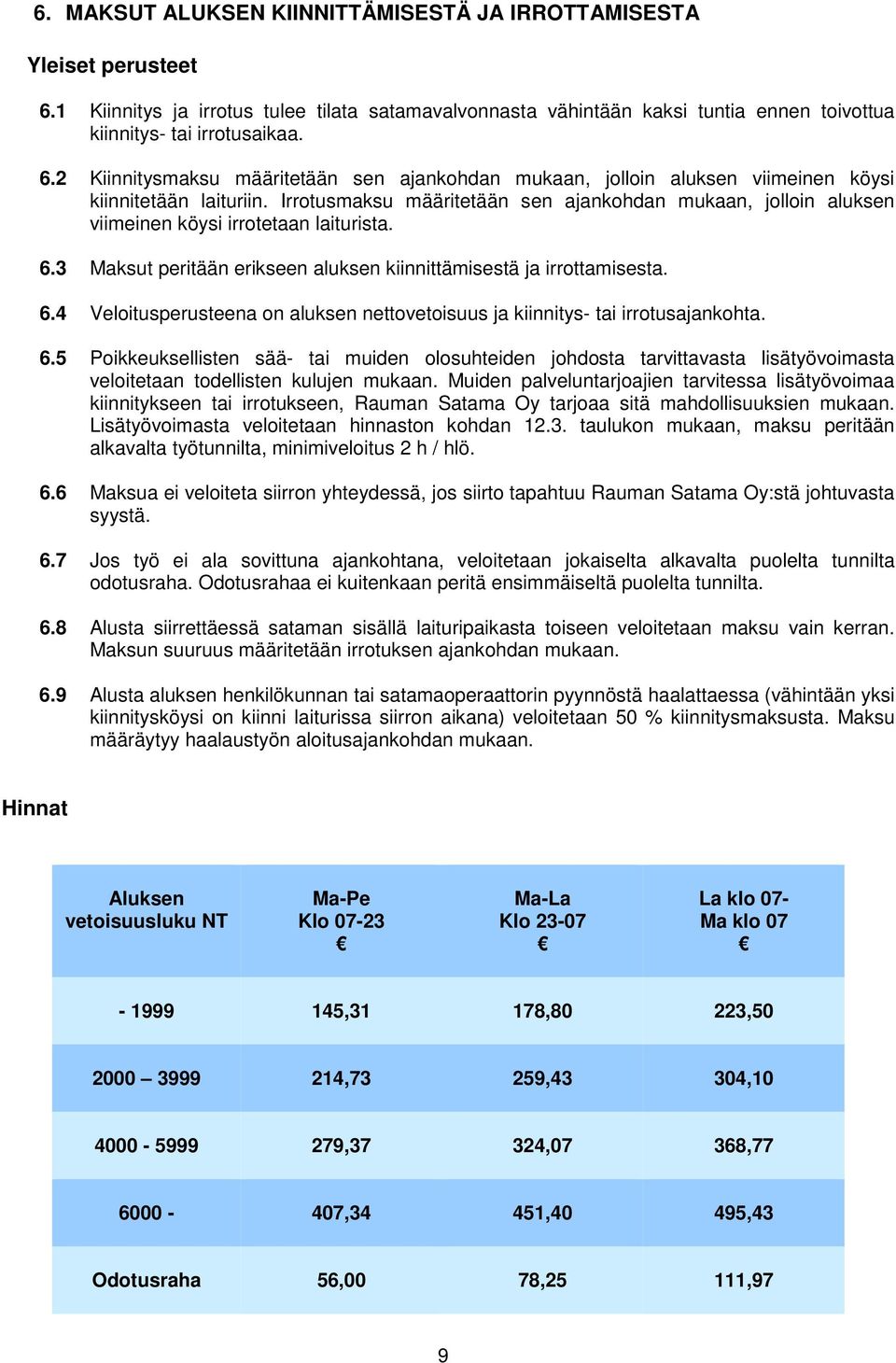 6.5 Poikkeuksellisten sää- tai muiden olosuhteiden johdosta tarvittavasta lisätyövoimasta veloitetaan todellisten kulujen mukaan.