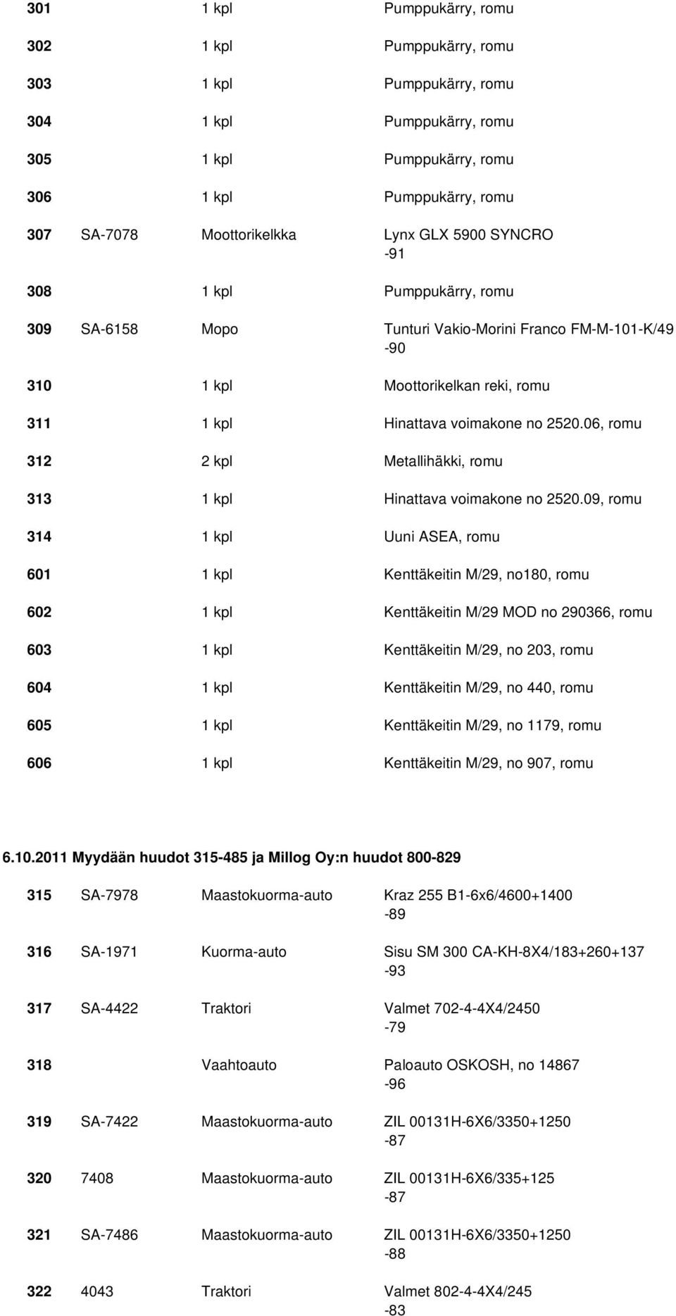 06, romu 312 2 kpl Metallihäkki, romu 313 1 kpl Hinattava voimakone no 2520.