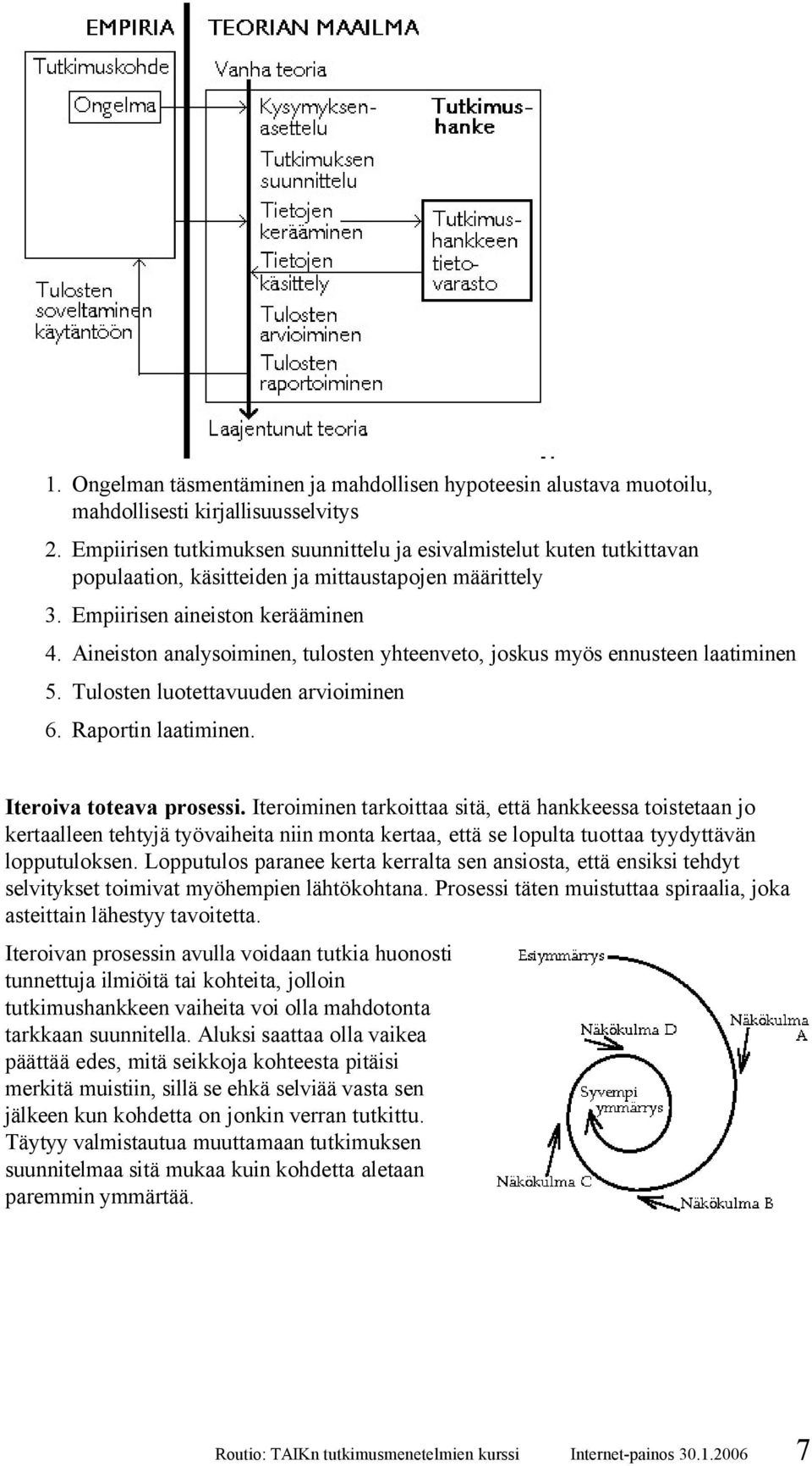 Aineiston analysoiminen, tulosten yhteenveto, joskus myös ennusteen laatiminen 5. Tulosten luotettavuuden arvioiminen 6. Raportin laatiminen. Iteroiva toteava prosessi.