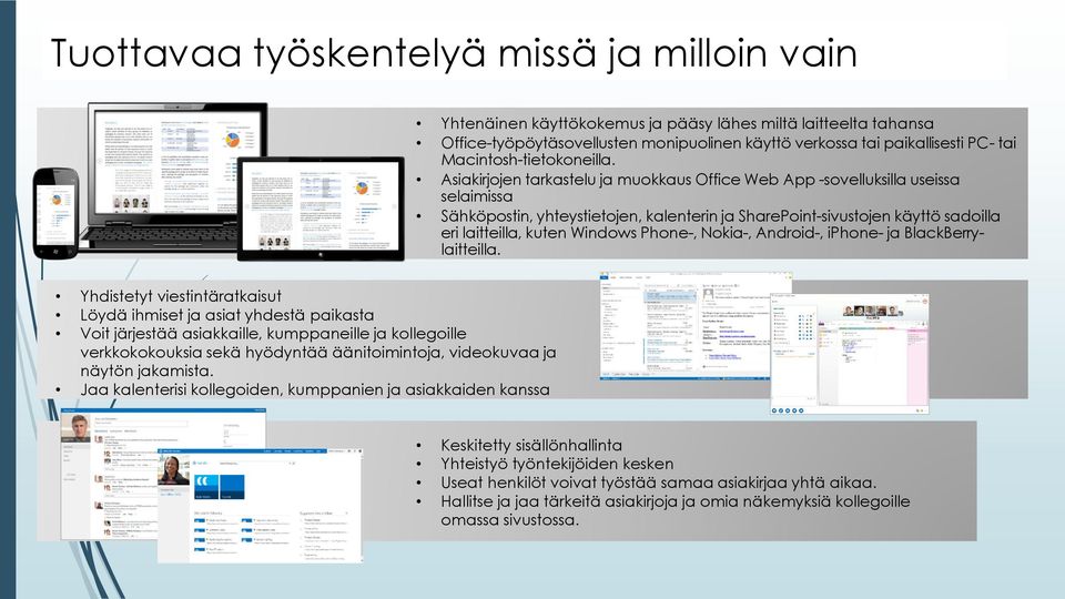 Asiakirjojen tarkastelu ja muokkaus Office Web App -sovelluksilla useissa selaimissa Sähköpostin, yhteystietojen, kalenterin ja SharePoint-sivustojen käyttö sadoilla eri laitteilla, kuten Windows