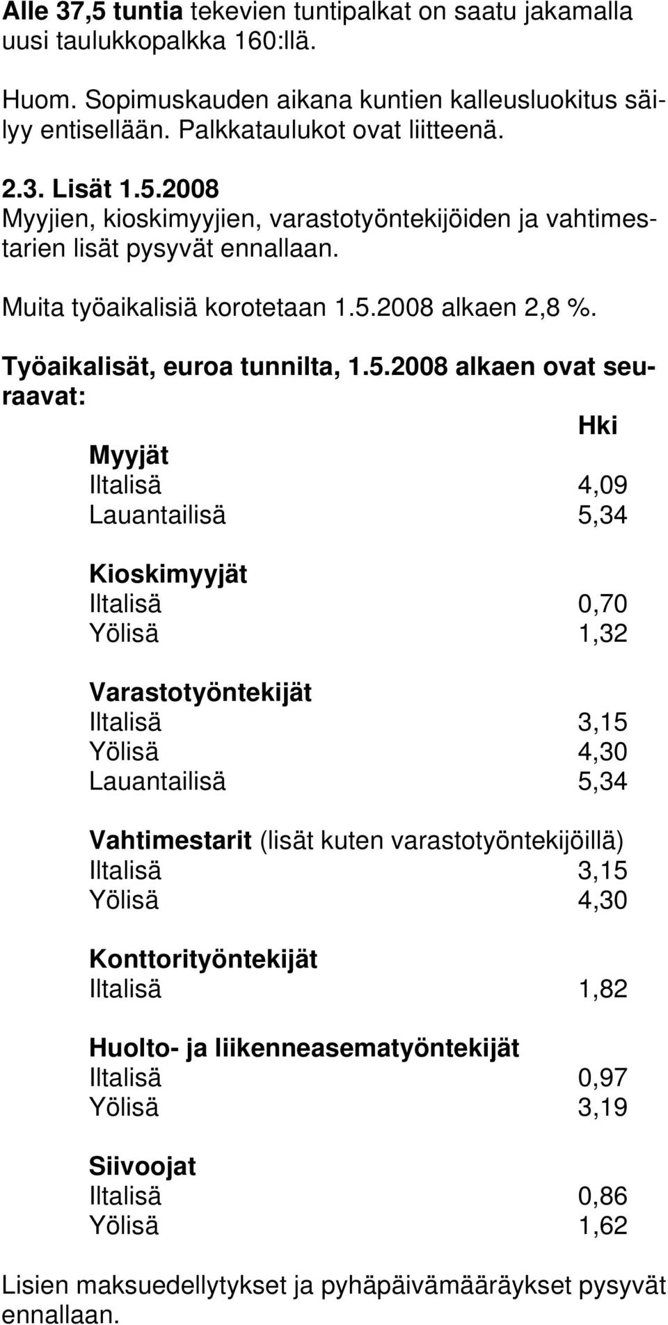 seuraavat: Hki Myyjät Iltalisä 4,09 Lauantailisä 5,34 Kioskimyyjät Iltalisä 0,70 Yölisä 1,32 Varastotyöntekijät Iltalisä 3,15 Yölisä 4,30 Lauantailisä 5,34 Vahtimestarit (lisät kuten