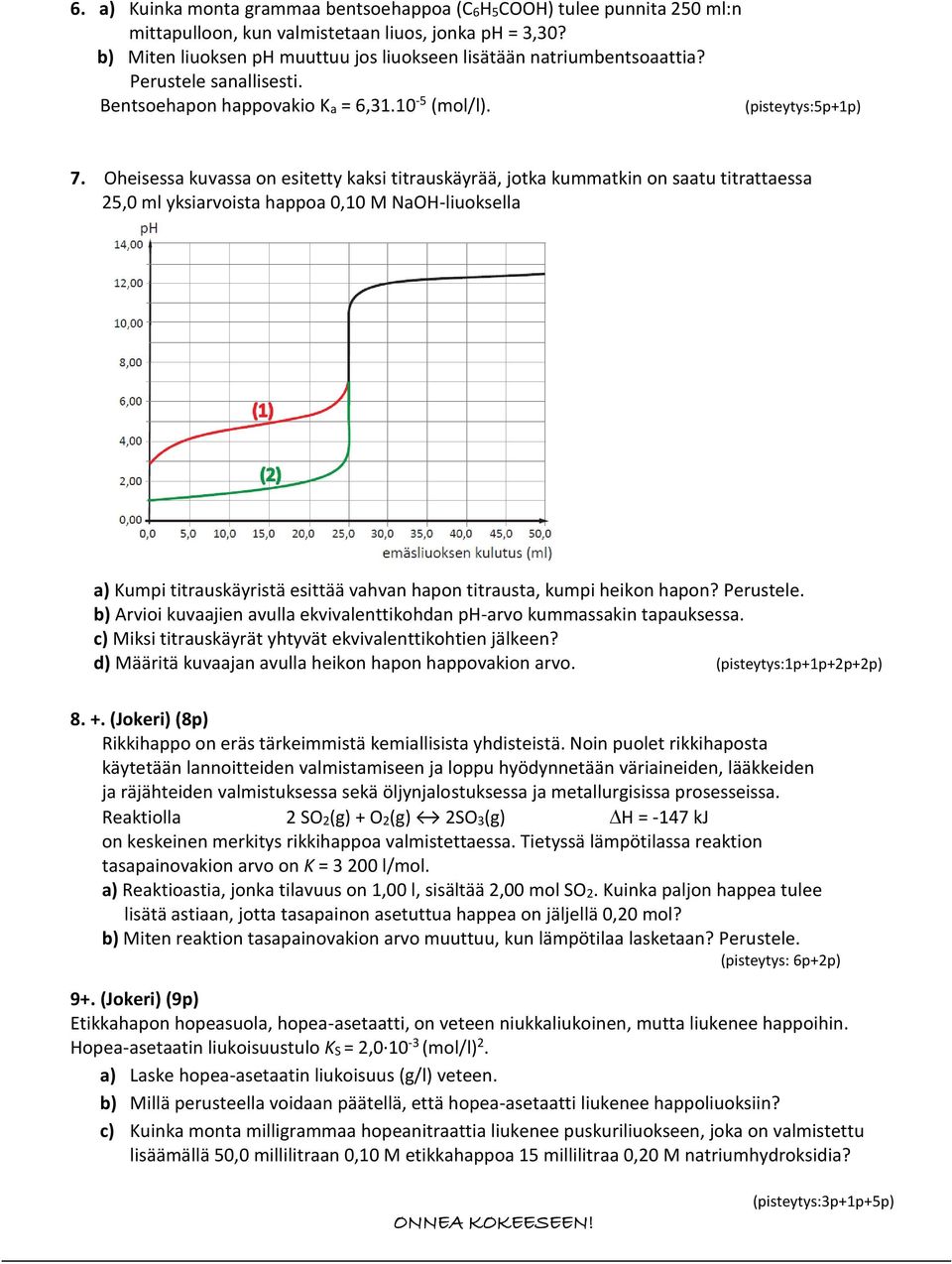 Oheisessa kuvassa on esitetty kaksi titrauskäyrää, jotka kummatkin on saatu titrattaessa 5,0 ml yksiarvoista happoa 0,10 M NaOH-liuoksella a) Kumpi titrauskäyristä esittää vahvan hapon titrausta,