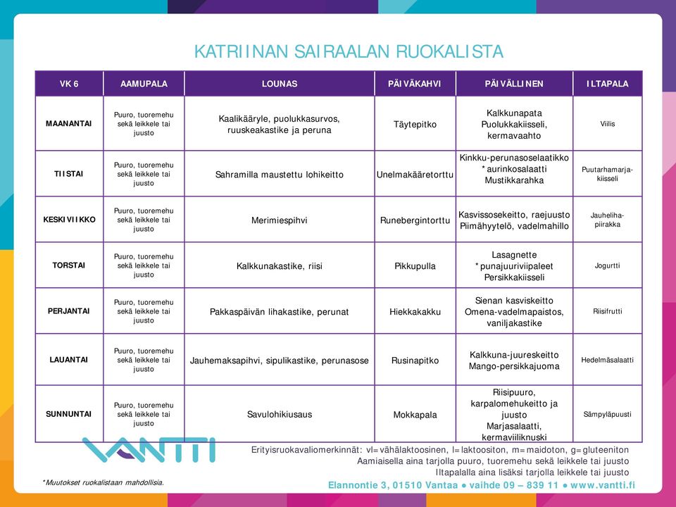 Kalkkunakastike, riisi Lasagnette *punajuuriviipaleet Persikkakiisseli Pakkaspäivän lihakastike, perunat Hiekkakakku Sienan kasviskeitto Omena-vadelmapaistos, vaniljakastike Riisifrutti