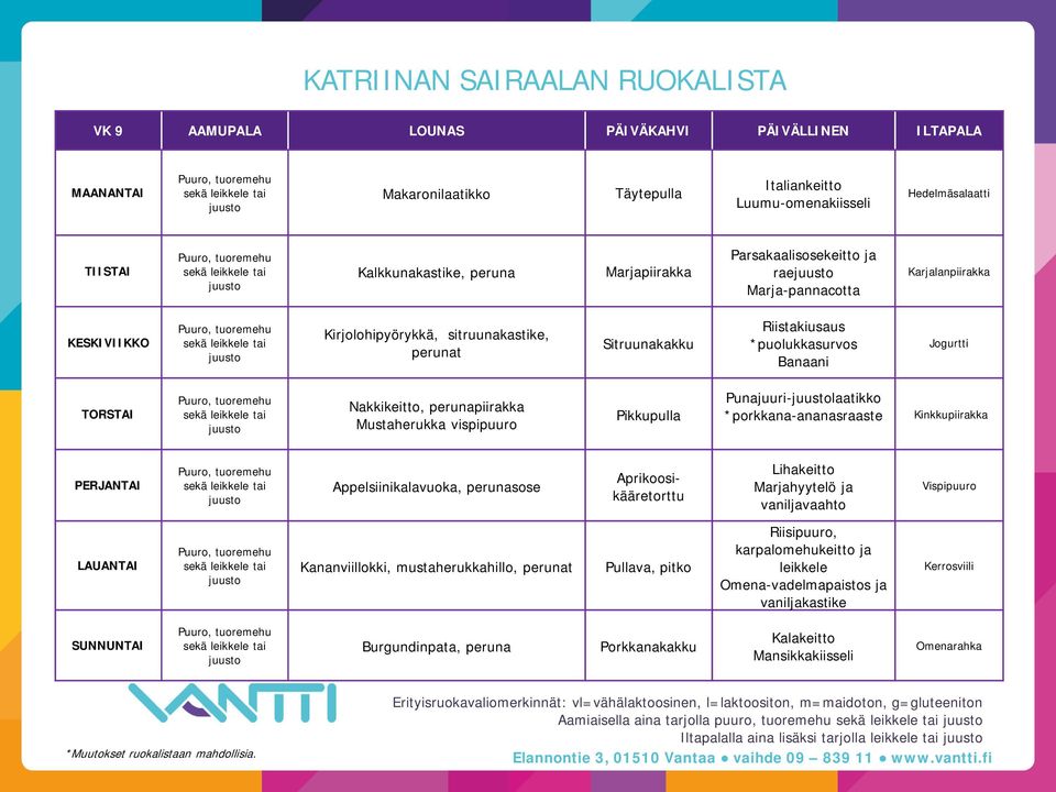 *porkkana-ananasraaste Kinkkupiirakka Appelsiinikalavuoka, perunasose Aprikoosikääretorttu Lihakeitto Marjahyytelö ja vaniljavaahto Vispipuuro Kananviillokki, mustaherukkahillo, perunat Pullava,