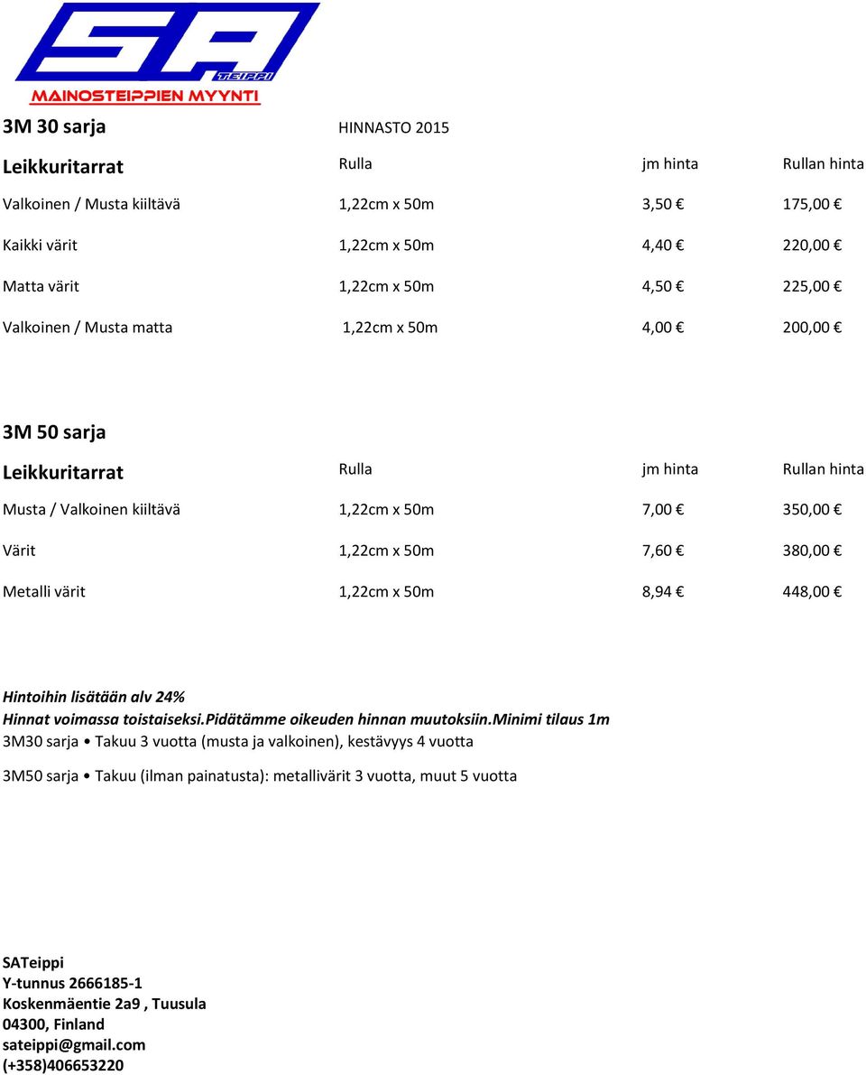 hinta Musta / kiiltävä 7,00 350,00 Värit 7,60 380,00 Metalli värit 8,94 448,00 3M30 sarja Takuu 3 vuotta