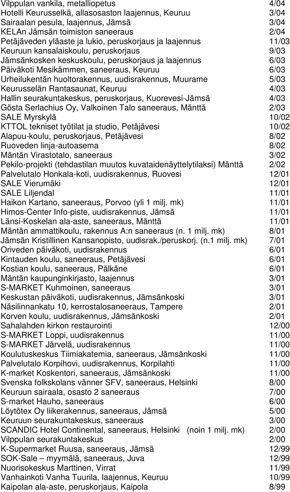 huoltorakennus, uudisrakennus, Muurame 5/03 Keurusselän Rantasaunat, Keuruu 4/03 Hallin seurakuntakeskus, peruskorjaus, Kuorevesi-Jämsä 4/03 Gösta Serlachius Oy, Valkoinen Talo saneeraus, Mänttä 2/03