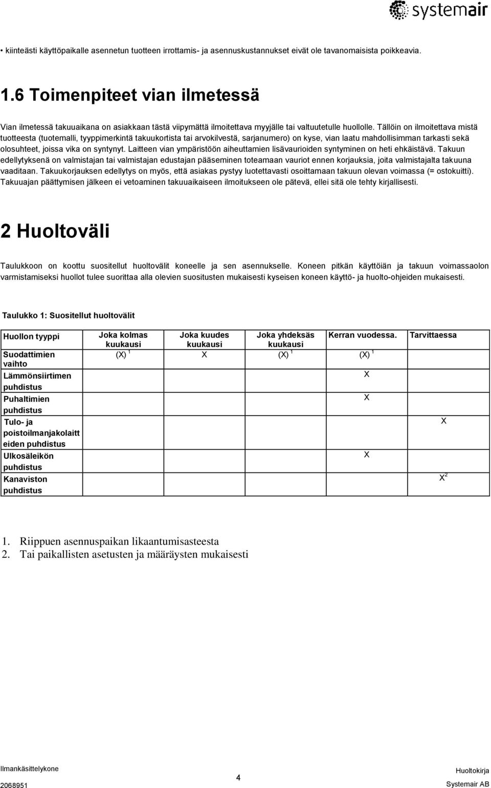 Tällöin on ilmoitettava mistä tuotteesta (tuotemalli, tyyppimerkintä takuukortista tai arvokilvestä, sarjanumero) on kyse, vian laatu mahdollisimman tarkasti sekä olosuhteet, joissa vika on syntynyt.