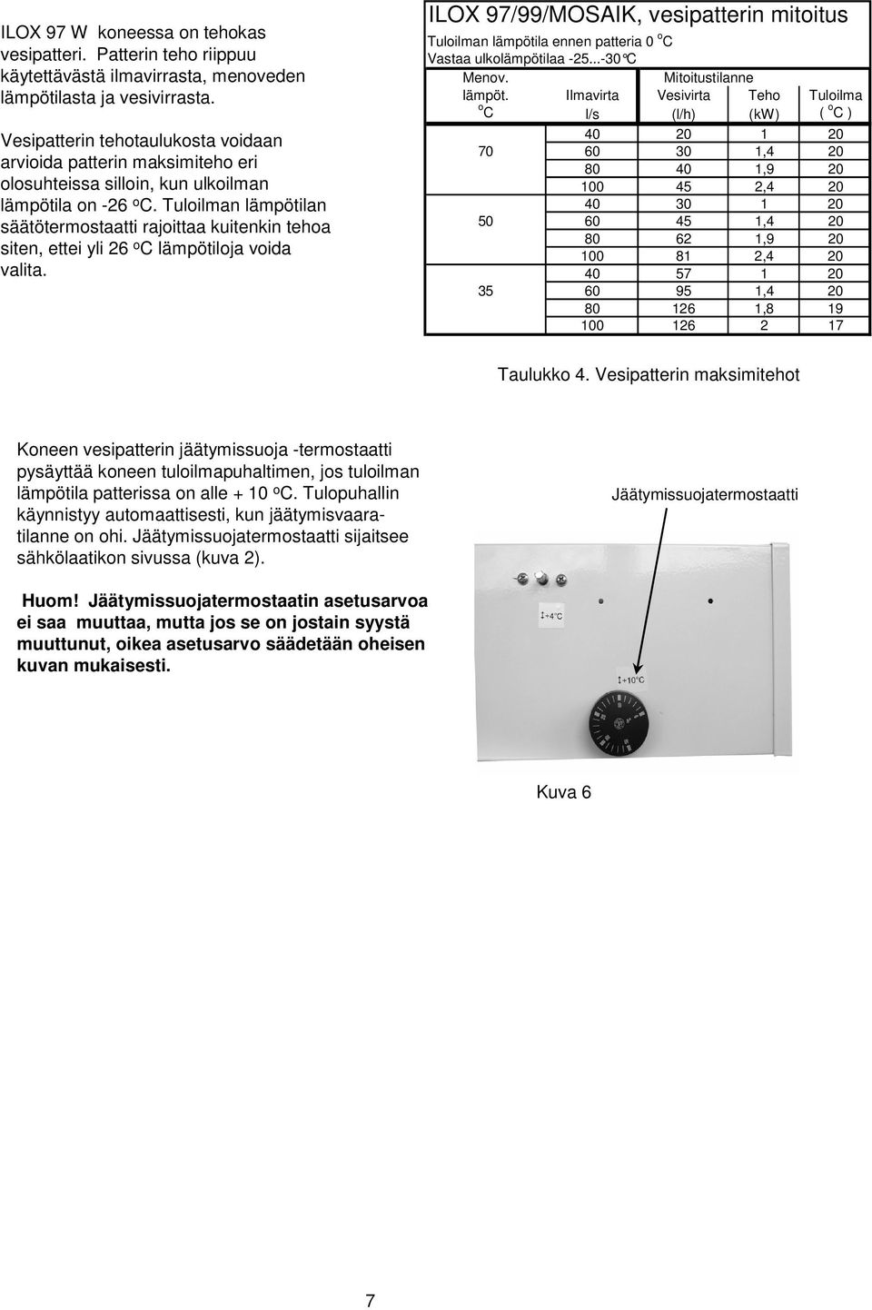 Tuloilman lämpötilan säätötermostaatti rajoittaa kuitenkin tehoa siten, ettei yli 26 o C lämpötiloja voida valita.