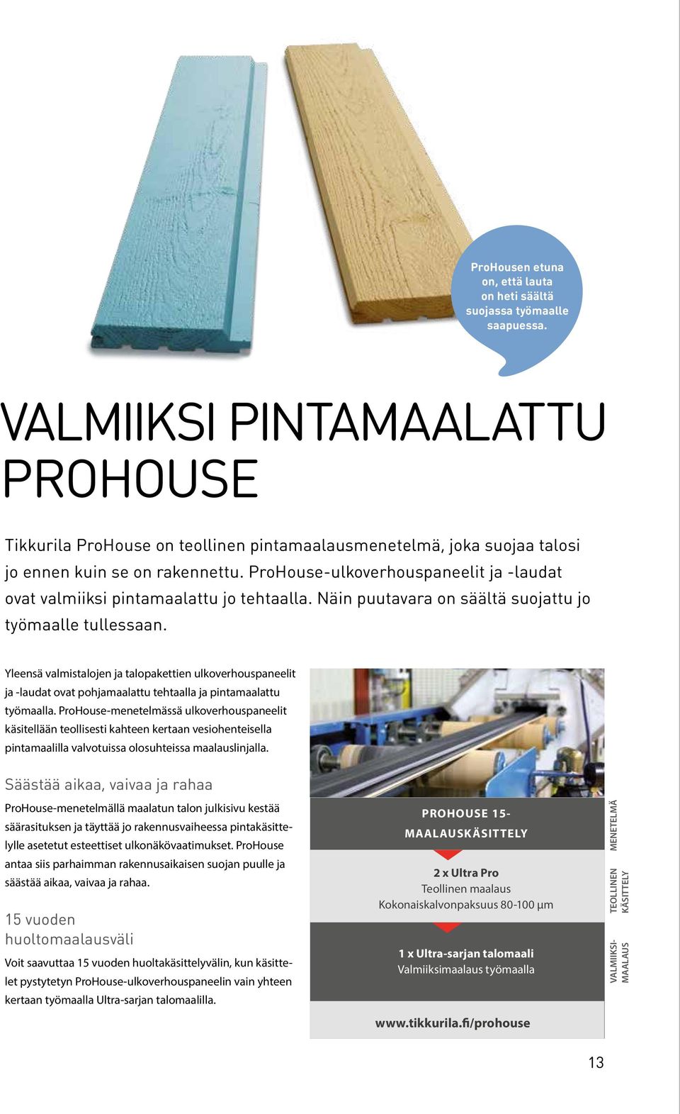 ProHouse-ulkoverhouspaneelit ja -laudat ovat valmiiksi pintamaalattu jo tehtaalla. Näin puutavara on säältä suojattu jo työmaalle tullessaan.