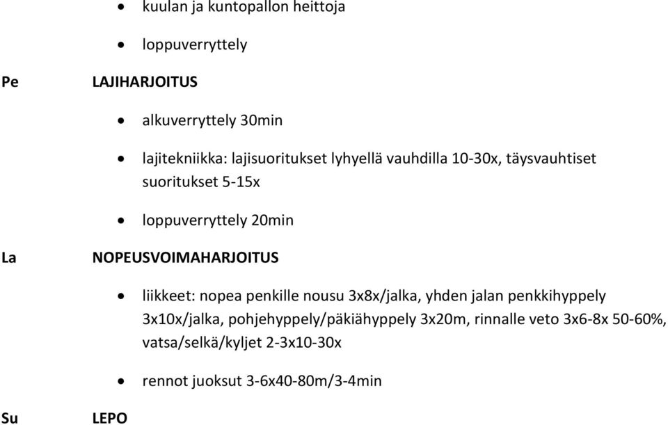 nousu 3x8x/jalka, yhden jalan penkkihyppely 3x10x/jalka, pohjehyppely/päkiähyppely 3x20m,