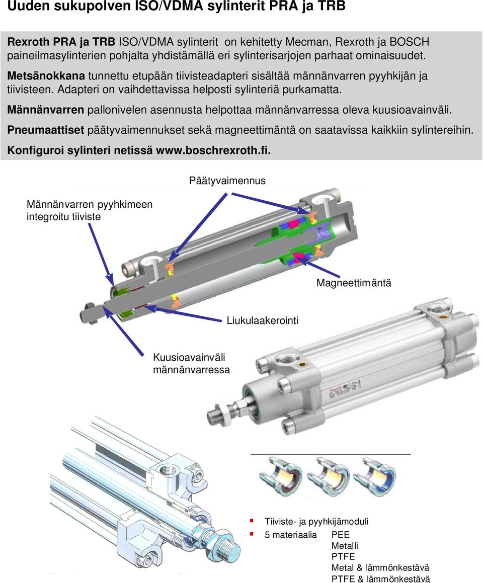 Männänvarren pallonivelen asennusta helpottaa männänvarressa oleva kuusioavainväli. Pneumaattiset päätyvaimennukset sekä magneettimäntä on saatavissa kaikkiin sylintereihin.