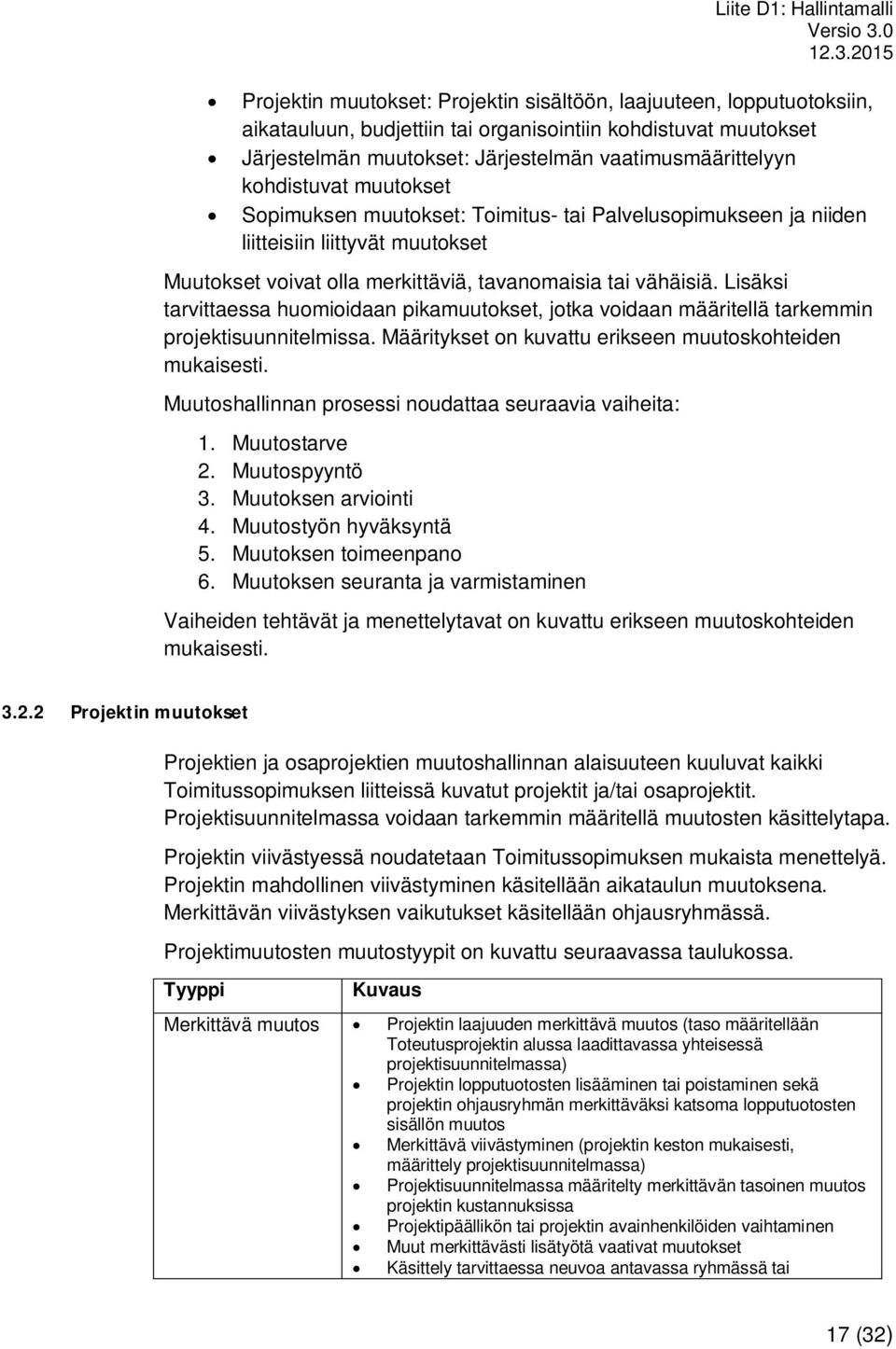 Lisäksi tarvittaessa huomioidaan pikamuutokset, jotka voidaan määritellä tarkemmin projektisuunnitelmissa. Määritykset on kuvattu erikseen muutoskohteiden mukaisesti.