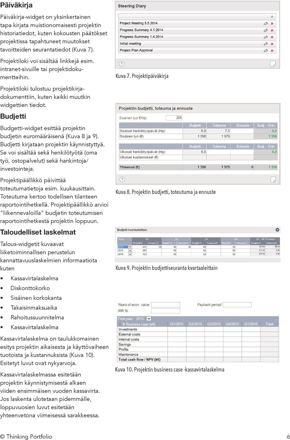 Projektipäiväkirja Projektiloki tulostuu projektikirjadokumenttiin, kuten kaikki muutkin widgettien tiedot. Budjetti Budgetti-widget esittää projektin budjetin euromääräisenä (Kuva 8 ja 9).