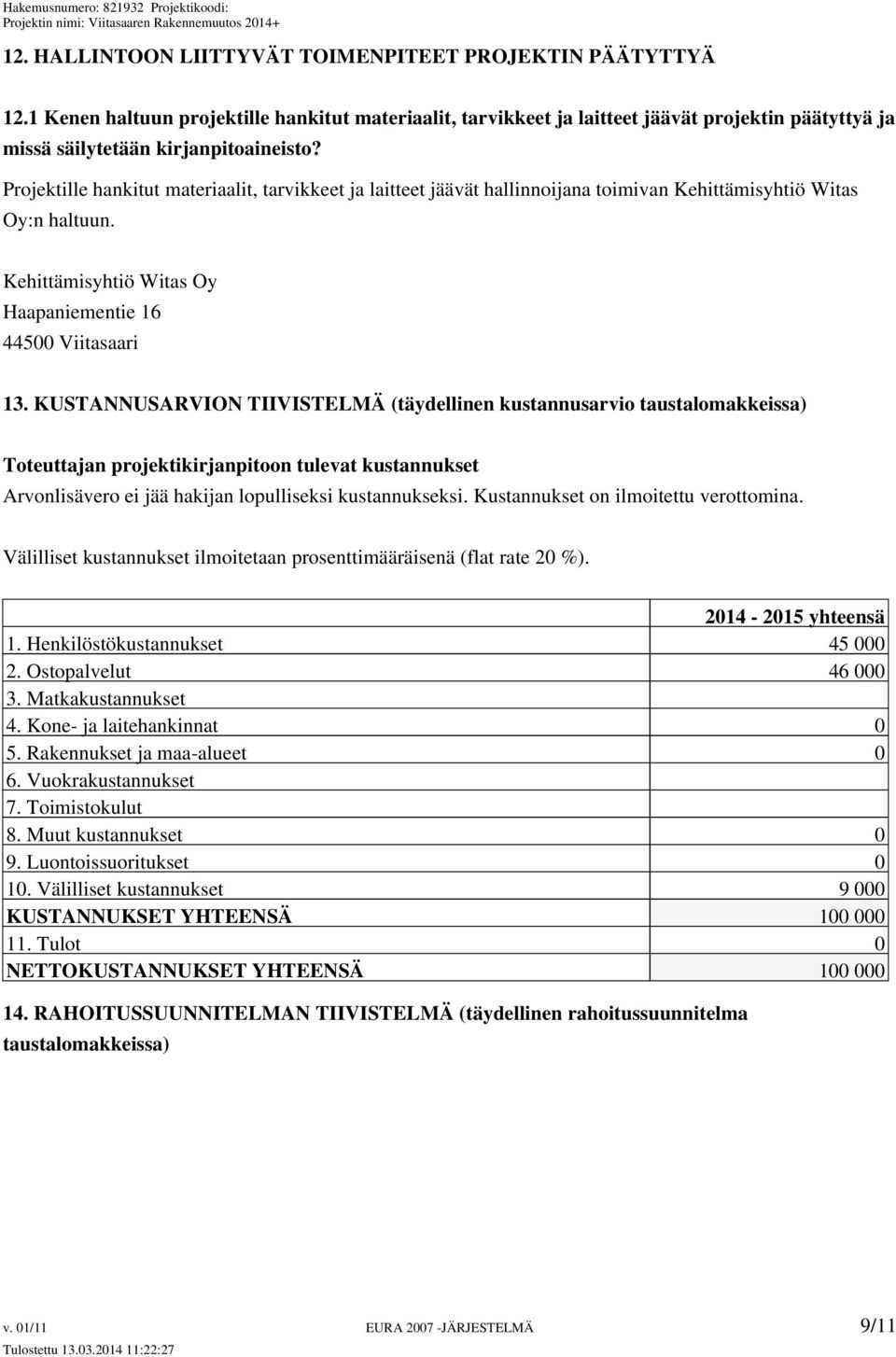 Projektille hankitut materiaalit, tarvikkeet ja laitteet jäävät hallinnoijana toimivan Kehittämisyhtiö Witas Oy:n haltuun. Kehittämisyhtiö Witas Oy Haapaniementie 16 44500 Viitasaari 13.