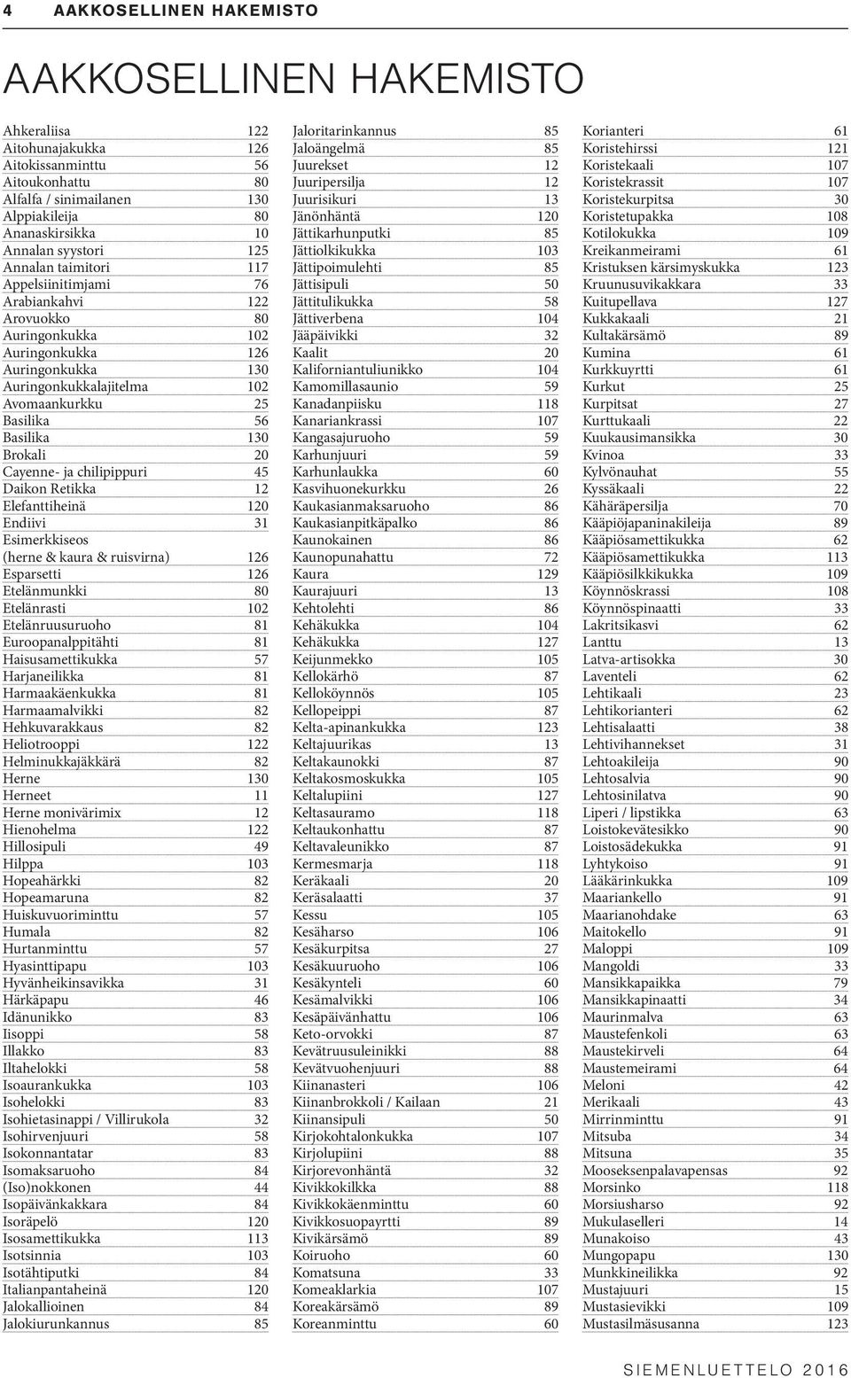 Basilika 130 Brokali 20 Cayenne- ja chilipippuri 45 Daikon Retikka 12 Elefanttiheinä 120 Endiivi 31 Esimerkkiseos (herne & kaura & ruisvirna) 126 Esparsetti 126 Etelänmunkki 80 Etelänrasti 102