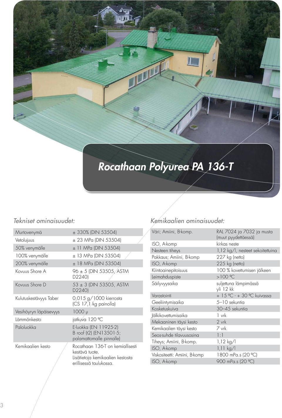 läpäisevyys 1000 µ Lämmönkesto jatkuva 120 ºC Paloluokka E-luokka (EN 11925-2) B roof (t2) (EN13501-5; palamattomalle pinnalle) Kemikaalien kesto Rocathaan 136-T on kemiallisesti kestävä tuote.