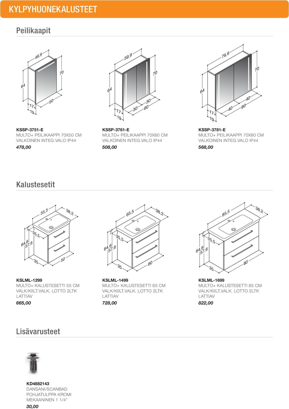 VALO IP44 568,00 Kalustesetit 55,5 38,2 65,5 38,2 85,5 38,2 64,6 57,6 7 35,5 35 50 64,6 57,6 7 35,5 35 60 64,6 57,6 7 35,5 35 80 KSLML-1299 MULTO+ KALUSTESETTI 55 CM VALK/