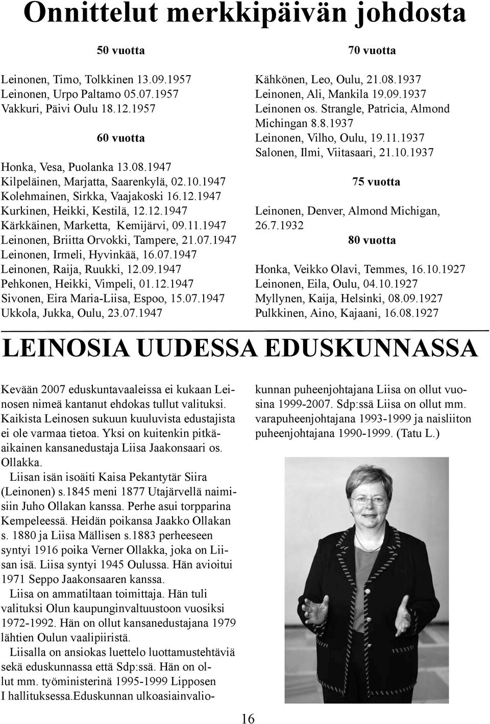 1947 Leinonen, Briitta Orvokki, Tampere, 21.07.1947 Leinonen, Irmeli, Hyvinkää, 16.07.1947 Leinonen, Raija, Ruukki, 12.09.1947 Pehkonen, Heikki, Vimpeli, 01.12.1947 Sivonen, Eira Maria-Liisa, Espoo, 15.