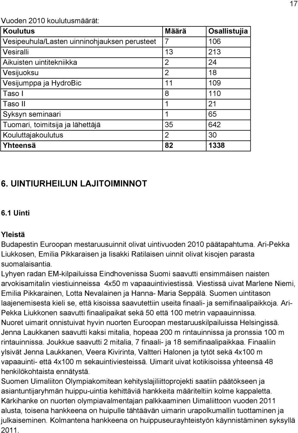 1 Uinti Yleistä Budapestin Euroopan mestaruusuinnit olivat uintivuoden 2010 päätapahtuma. Ari-Pekka Liukkosen, Emilia Pikkaraisen ja Iisakki Ratilaisen uinnit olivat kisojen parasta suomalaisantia.