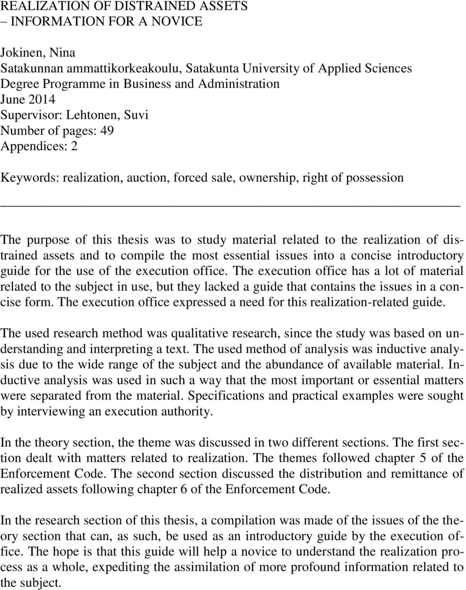 to the realization of distrained assets and to compile the most essential issues into a concise introductory guide for the use of the execution office.