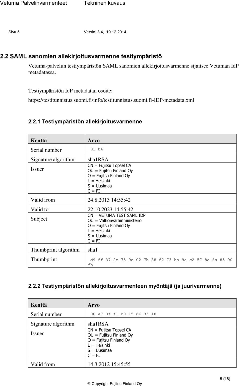 2.1 Testiympäristön allekirjoitusvarmenne 01 b4 RSA CN = Fujitsu Topsel CA OU = Fujitsu Finland Oy Valid from 24.8.2013 14:55:42 Valid to 22.10.