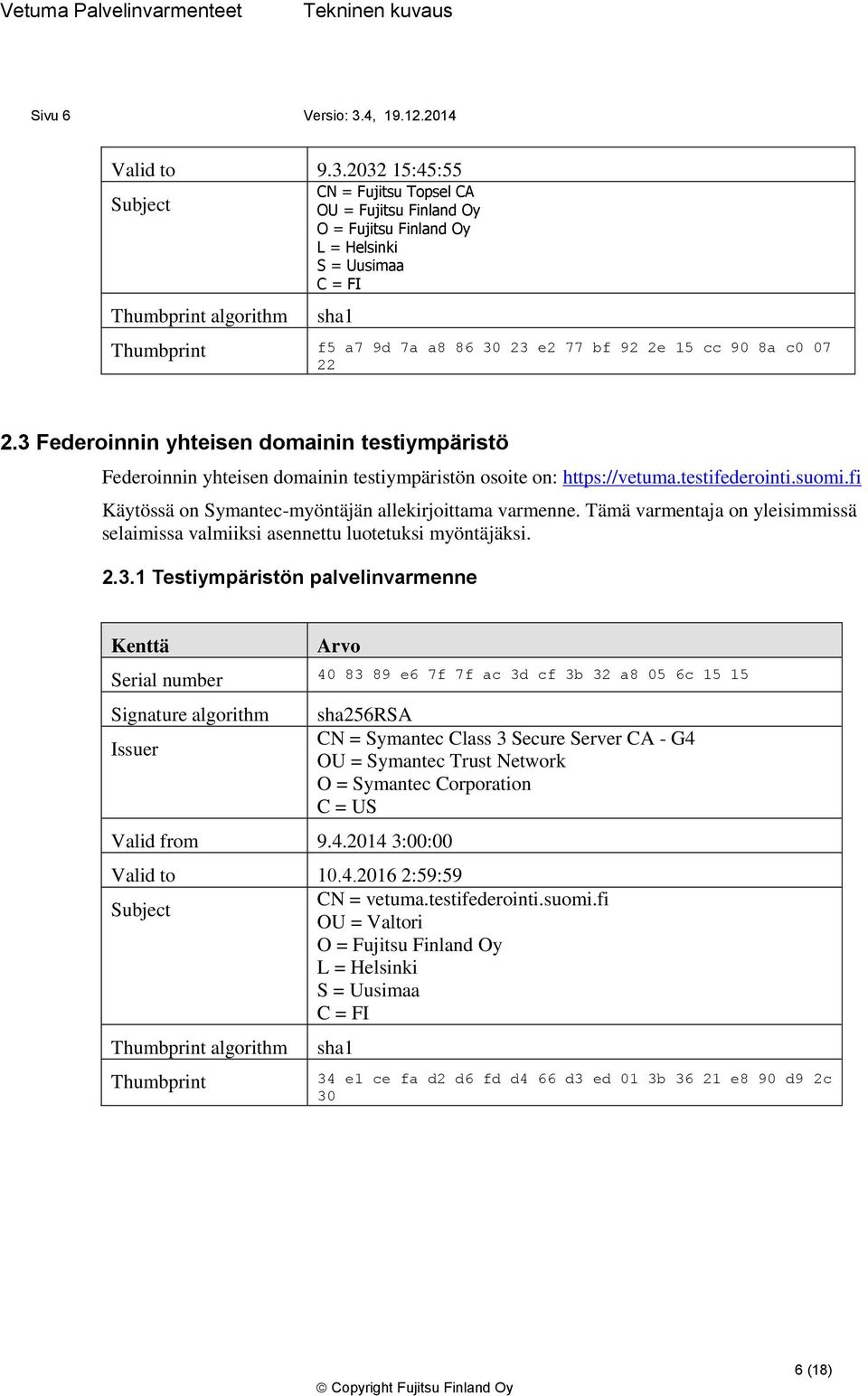 Tämä varmentaja on yleisimmissä selaimissa valmiiksi asennettu luotetuksi myöntäjäksi. 2.3.1 Testiympäristön palvelinvarmenne 40