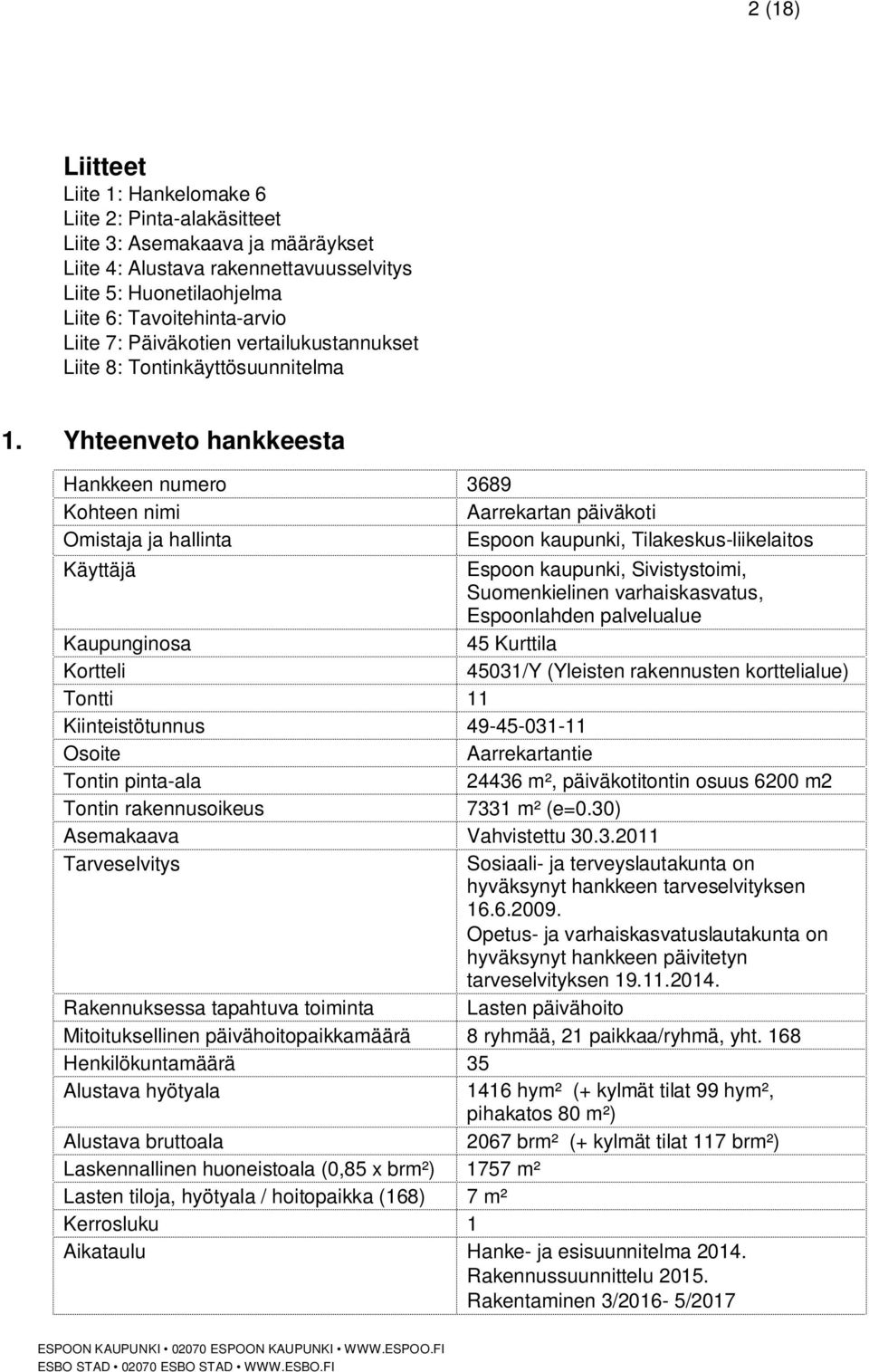 Yhteenveto hankkeesta Hankkeen numero 3689 Kohteen nimi Aarrekartan päiväkoti Omistaja ja hallinta Espoon kaupunki, Tilakeskus-liikelaitos Käyttäjä Espoon kaupunki, Sivistystoimi, Suomenkielinen