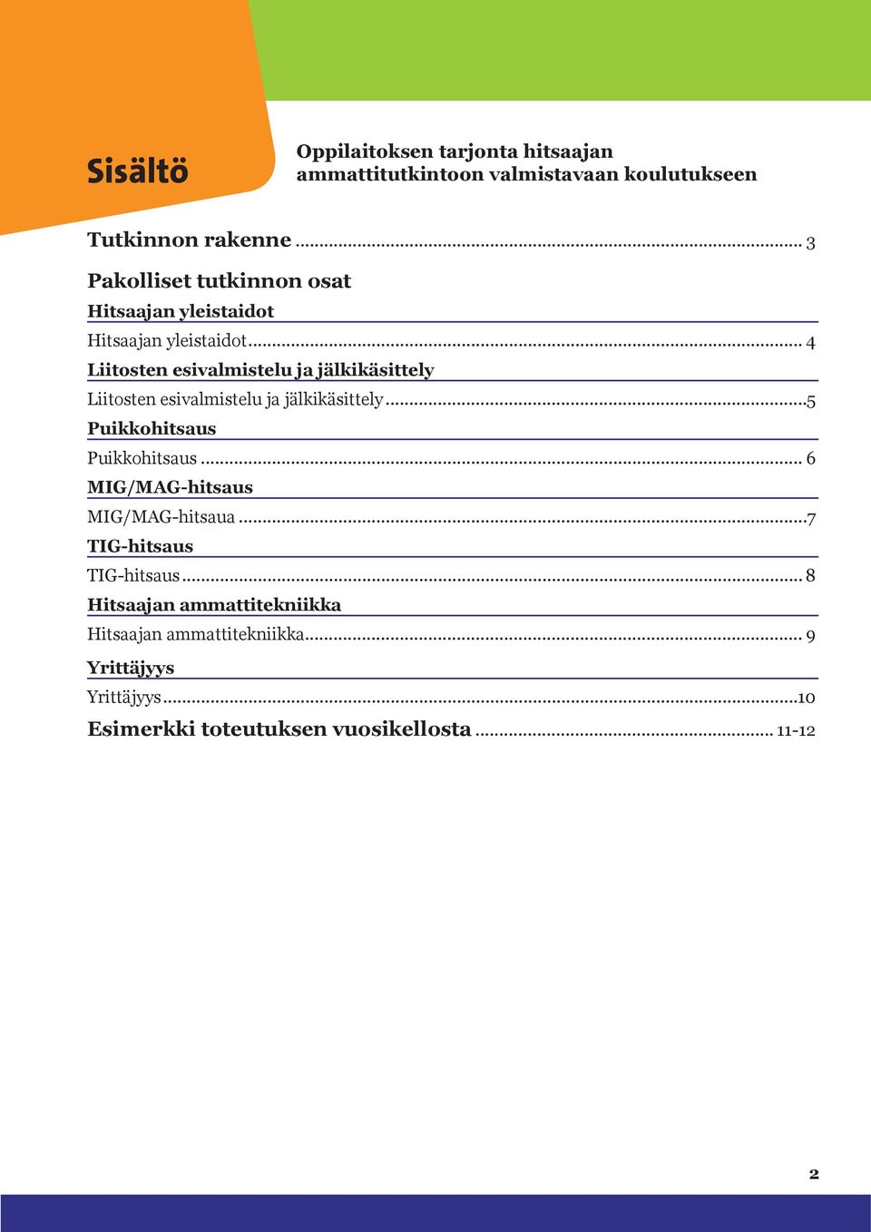 .. 4 Liitosten esivalmistelu ja jälkikäsittely Liitosten esivalmistelu ja jälkikäsittely...5 Puikkohitsaus Puikkohitsaus.