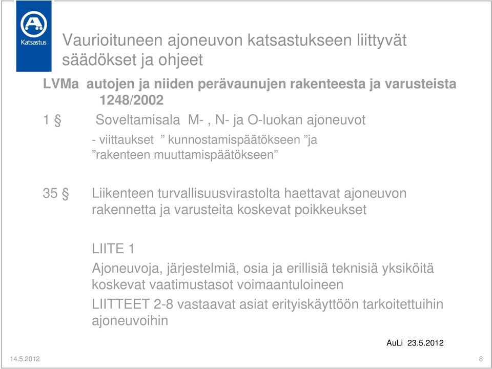 ajoneuvon rakennetta ja varusteita koskevat poikkeukset LIITE 1 Ajoneuvoja, järjestelmiä, osia ja erillisiä teknisiä