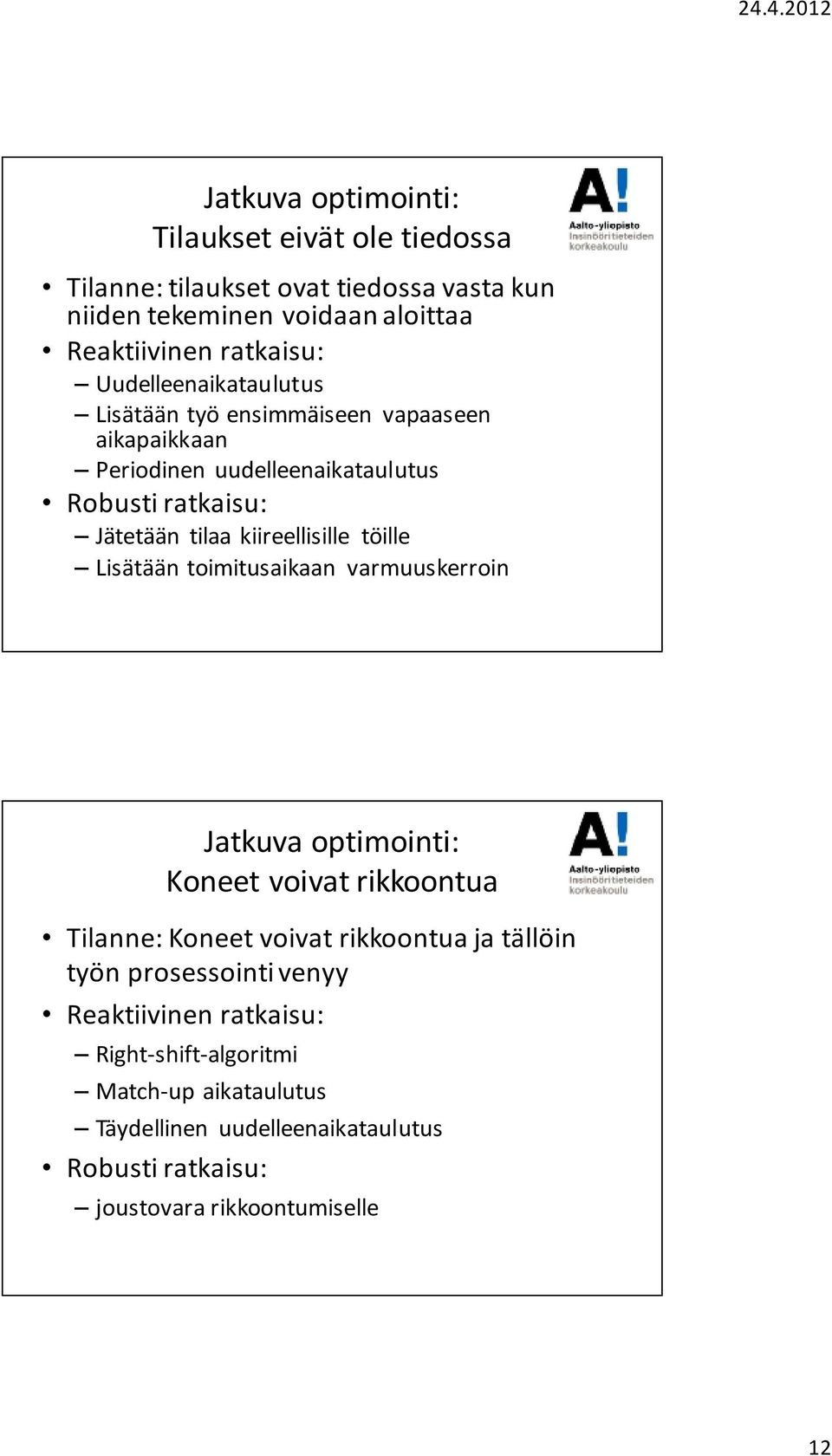 töille Lisätään toimitusaikaan varmuuskerroin Jatkuva optimointi: Koneet voivat rikkoontua Tilanne: Koneet voivat rikkoontua ja tällöin työn