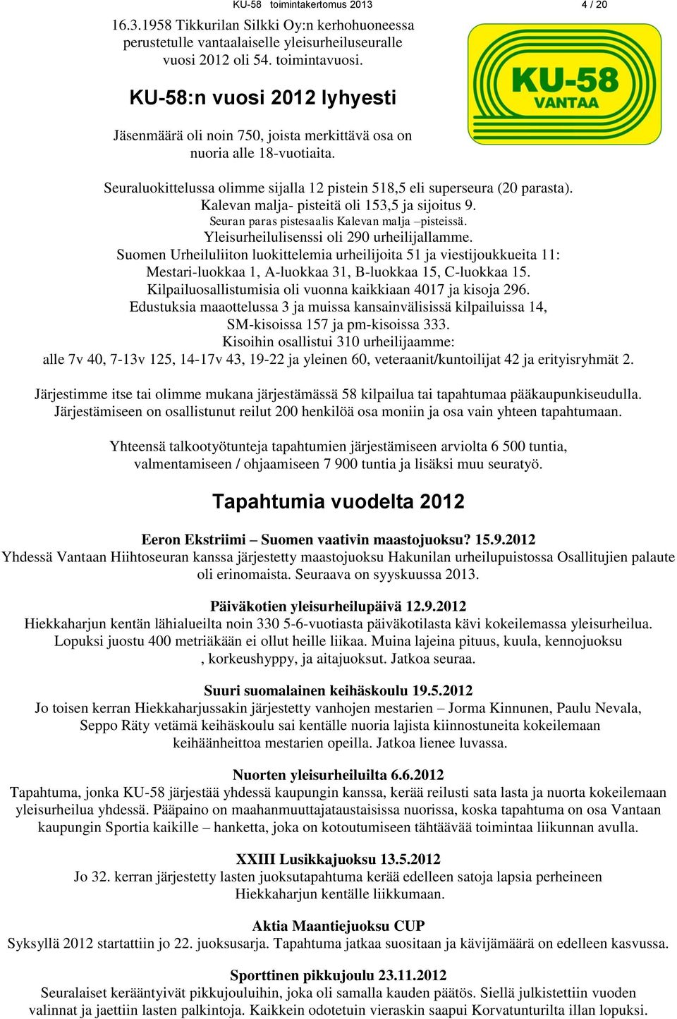 Kalevan malja- pisteitä oli 153,5 ja sijoitus 9. Seuran paras pistesaalis Kalevan malja pisteissä. Yleisurheilulisenssi oli 290 urheilijallamme.
