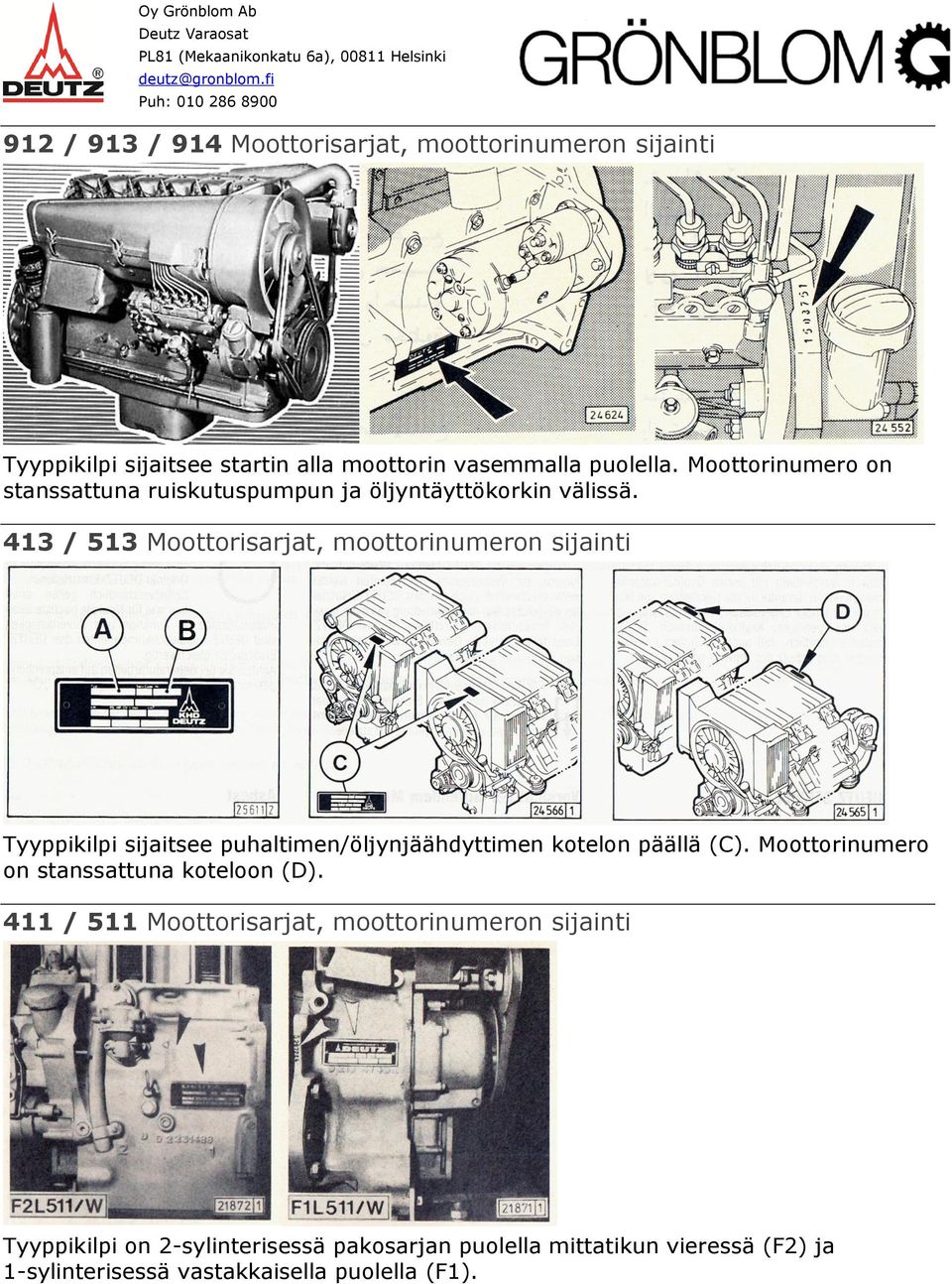 413 / 513 Moottorisarjat, moottorinumeron sijainti Tyyppikilpi sijaitsee puhaltimen/öljynjäähdyttimen kotelon päällä (C).