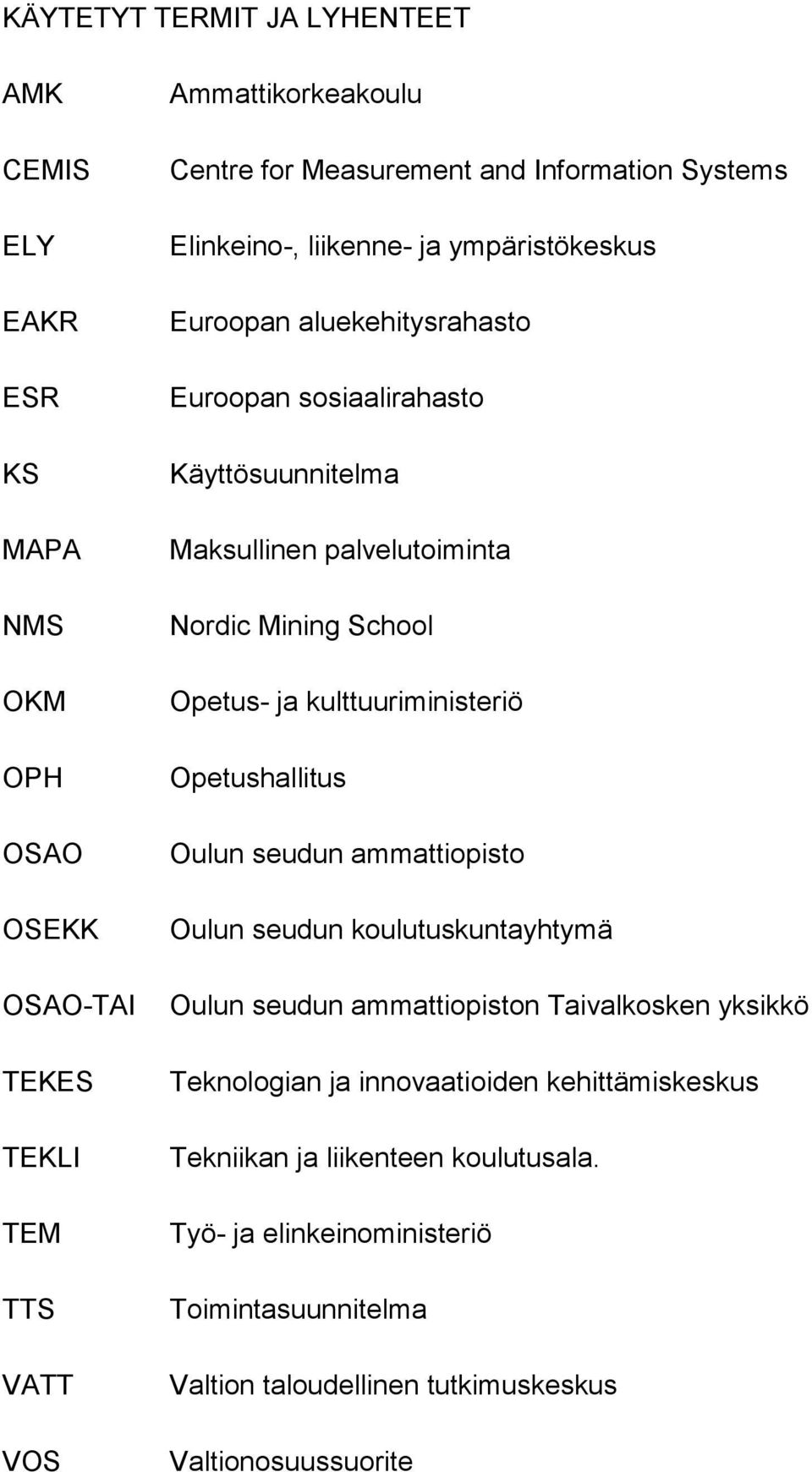 Mining School Opetus- ja kulttuuriministeriö Opetushallitus Oulun seudun ammattiopisto Oulun seudun koulutuskuntayhtymä Oulun seudun ammattiopiston Taivalkosken yksikkö