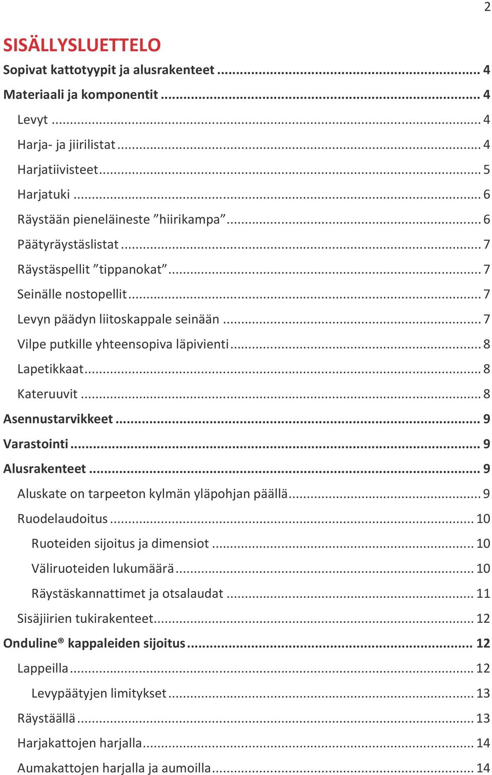 .. 8 Asennustarvikkeet... 9 Varastointi... 9 Alusrakenteet... 9 Aluskate on tarpeeton kylmän yläpohjan päällä... 9 Ruodelaudoitus... 10 Ruoteiden sijoitus ja dimensiot... 10 Väliruoteiden lukumäärä.