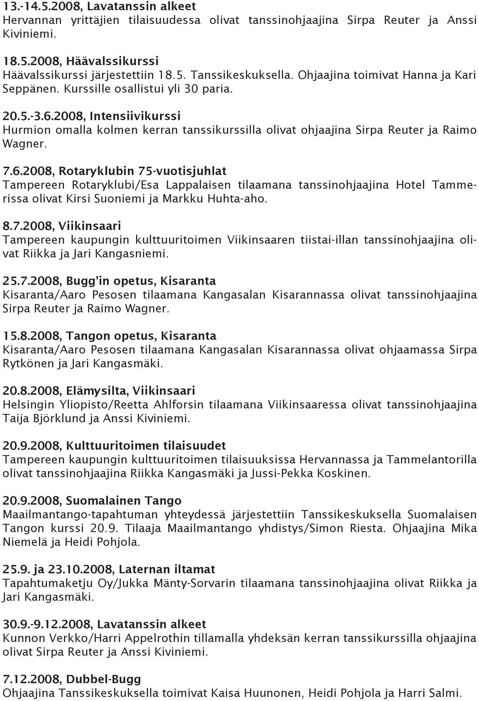 2008, Intensiivikurssi Hurmion omalla kolmen kerran tanssikurssilla olivat ohjaajina Sirpa Reuter ja Raimo Wagner. 7.6.