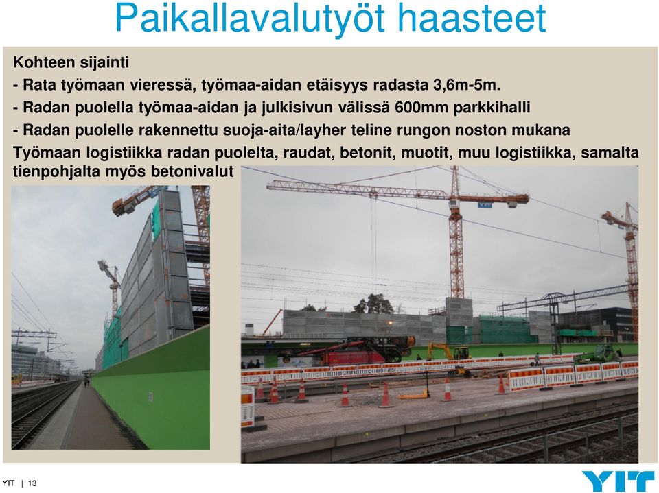 - Radan puolella työmaa-aidan ja julkisivun välissä 600mm parkkihalli - Radan puolelle