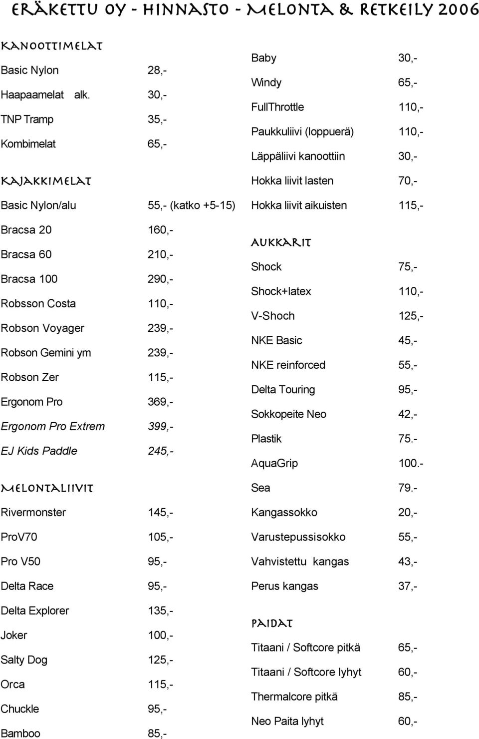 Robson Zer 115,- Ergonom Pro 369,- Ergonom Pro Extrem 399,- EJ Kids Paddle 245,- Melontaliivit Rivermonster 145,- ProV70 105,- Pro V50 95,- Delta Race 95,- Delta Explorer 135,- Joker 100,- Salty Dog
