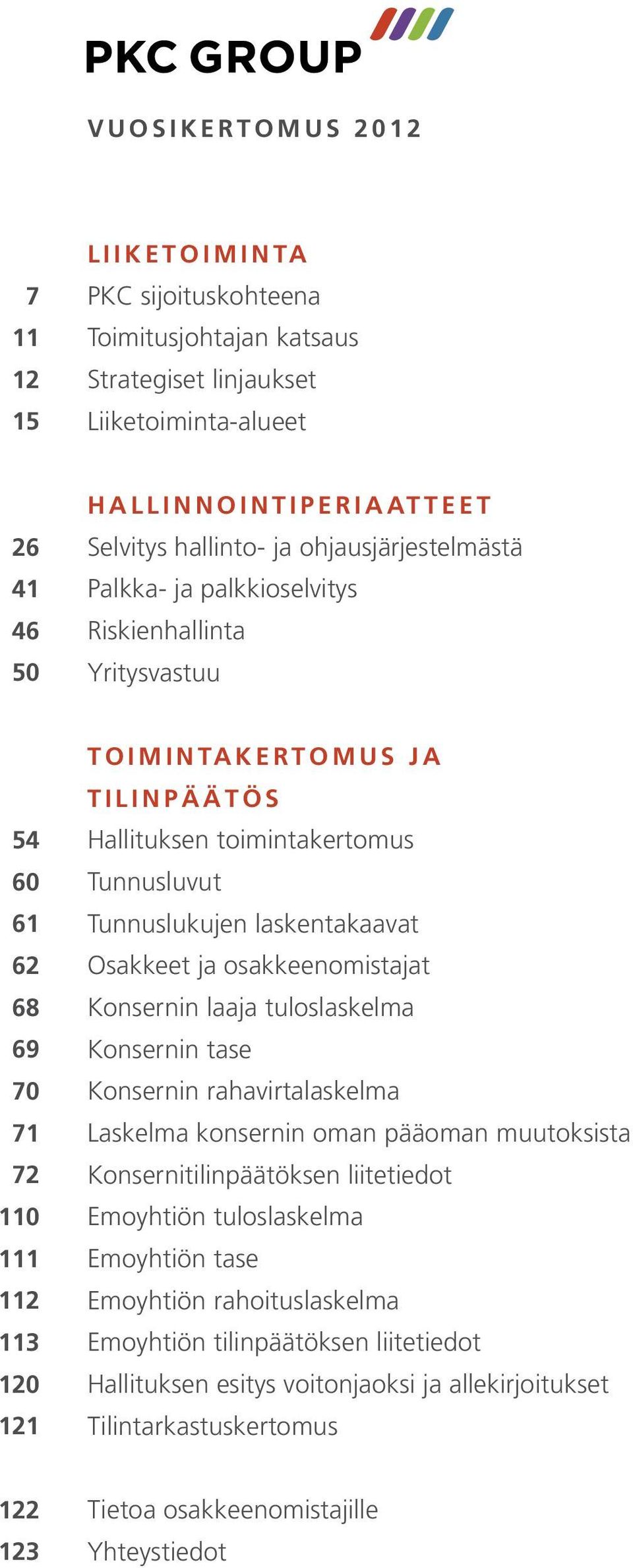 Tunnusluvut Tunnuslukujen laskentakaavat Osakkeet ja osakkeenomistajat Konsernin laaja tuloslaskelma Konsernin tase Konsernin rahavirtalaskelma Laskelma konsernin oman pääoman muutoksista