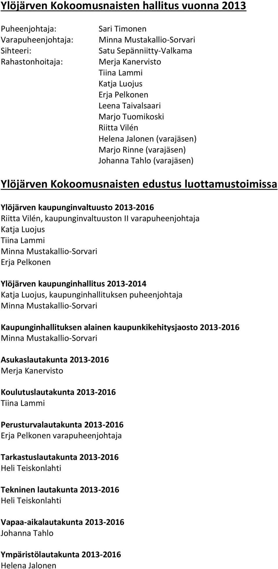 2013-2016 Riitta Vilén, kaupunginvaltuuston II varapuheenjohtaja Katja Luojus Erja Pelkonen Ylöjärven kaupunginhallitus 2013-2014 Katja Luojus, kaupunginhallituksen puheenjohtaja Kaupunginhallituksen