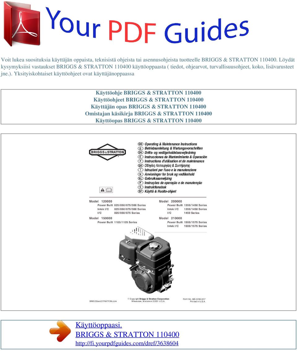 Käyttöoppaasi. BRIGGS & STRATTON - PDF Ilmainen lataus